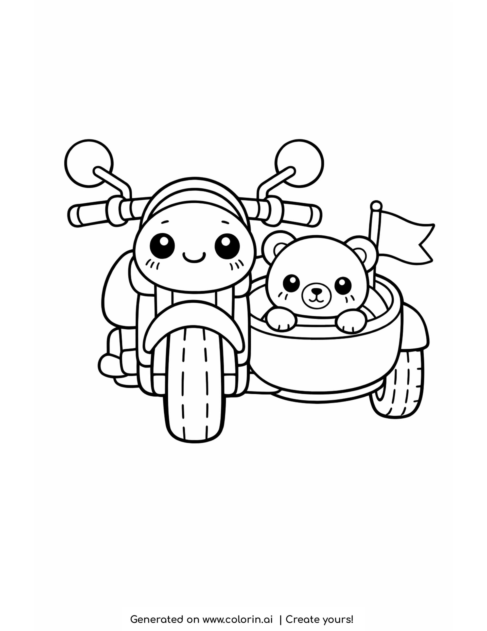 motorcycle with a sidecar coloring pages - cute motorcycle with a rounded sidecar carrying a teddy bear and a flag