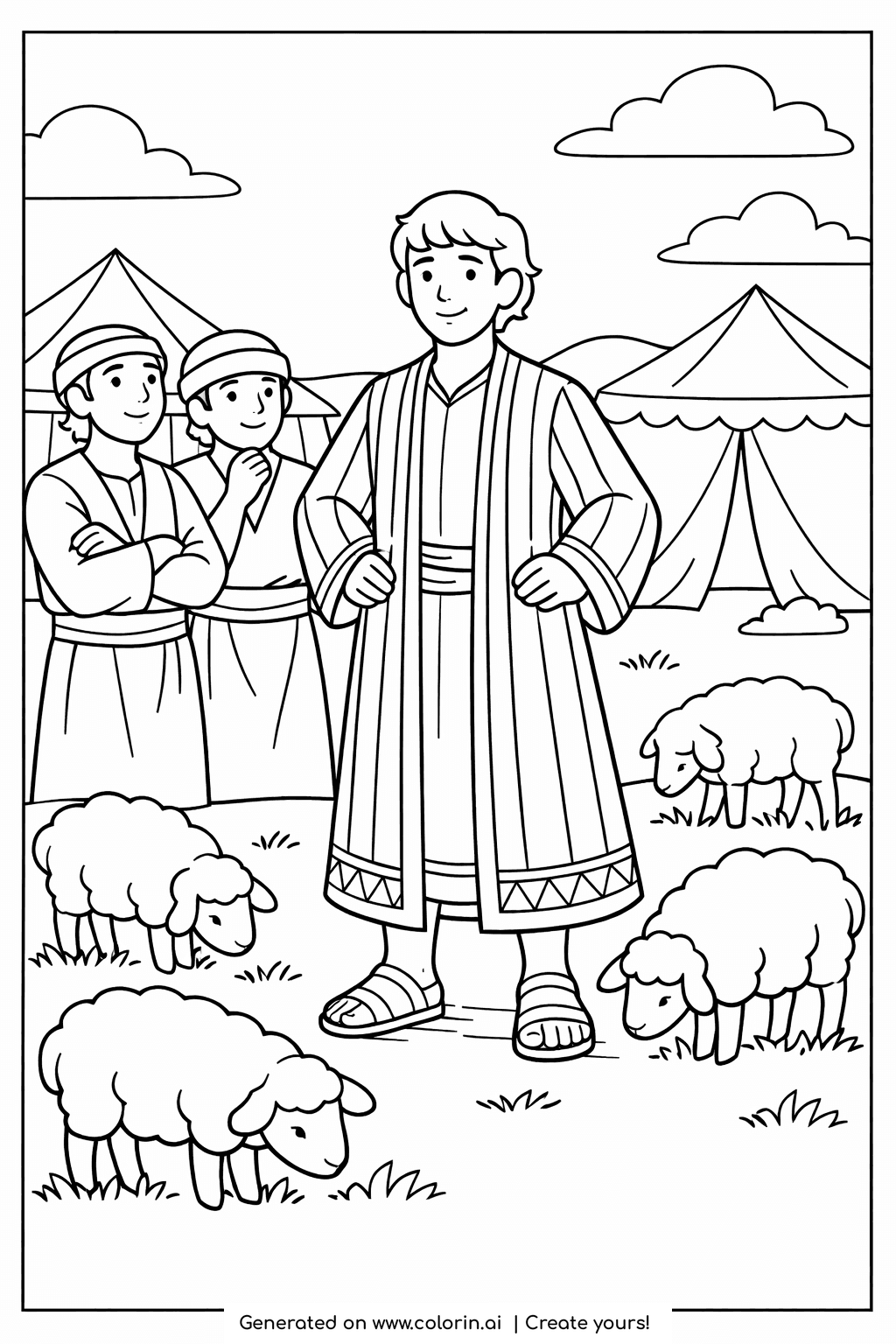 children's bible coloring pages, Joseph in his colorful striped coat with his brothers and the family tents