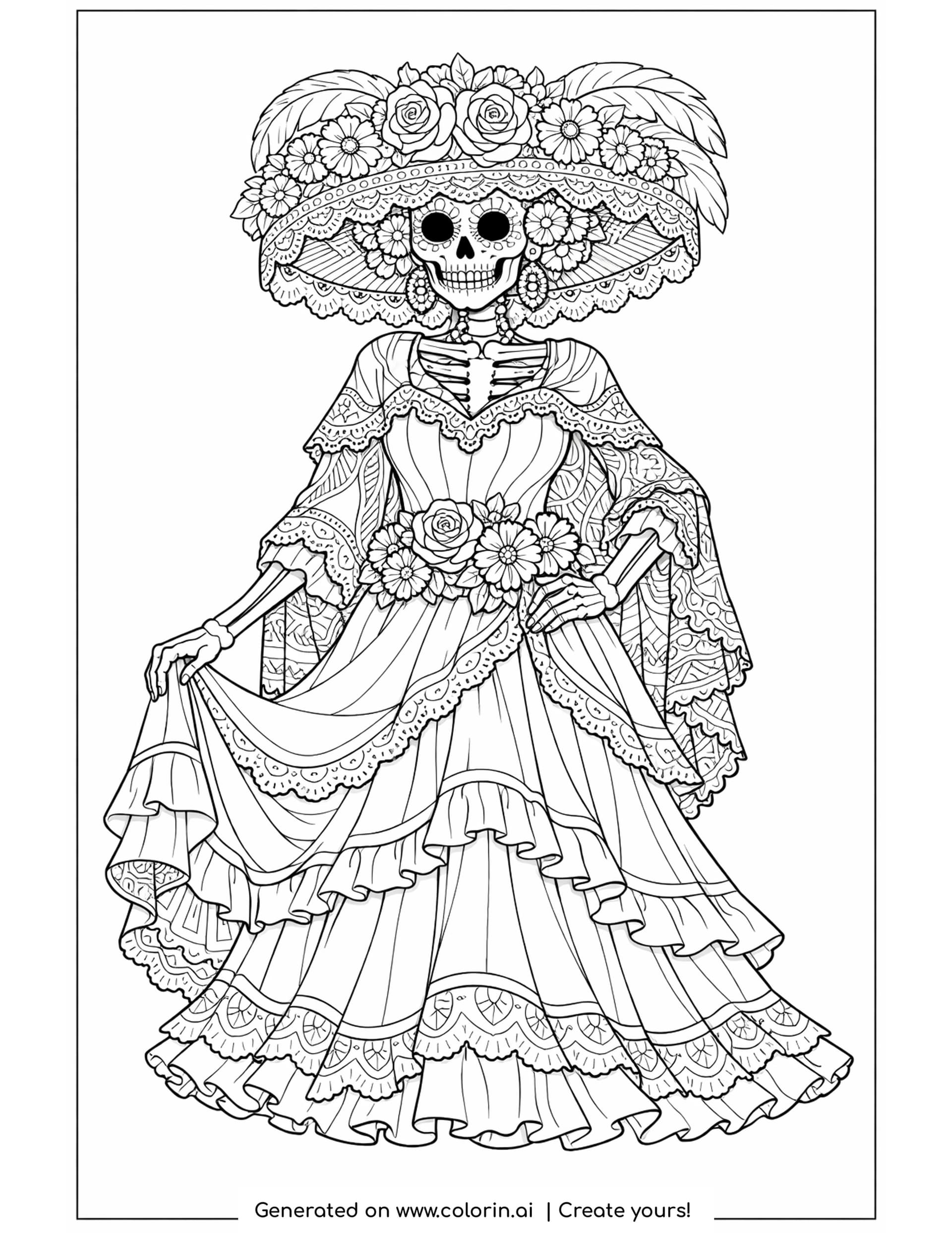 catrina lace gown coloring pages, full length catrina in a tiered lace gown with a wide hat of roses and feathers