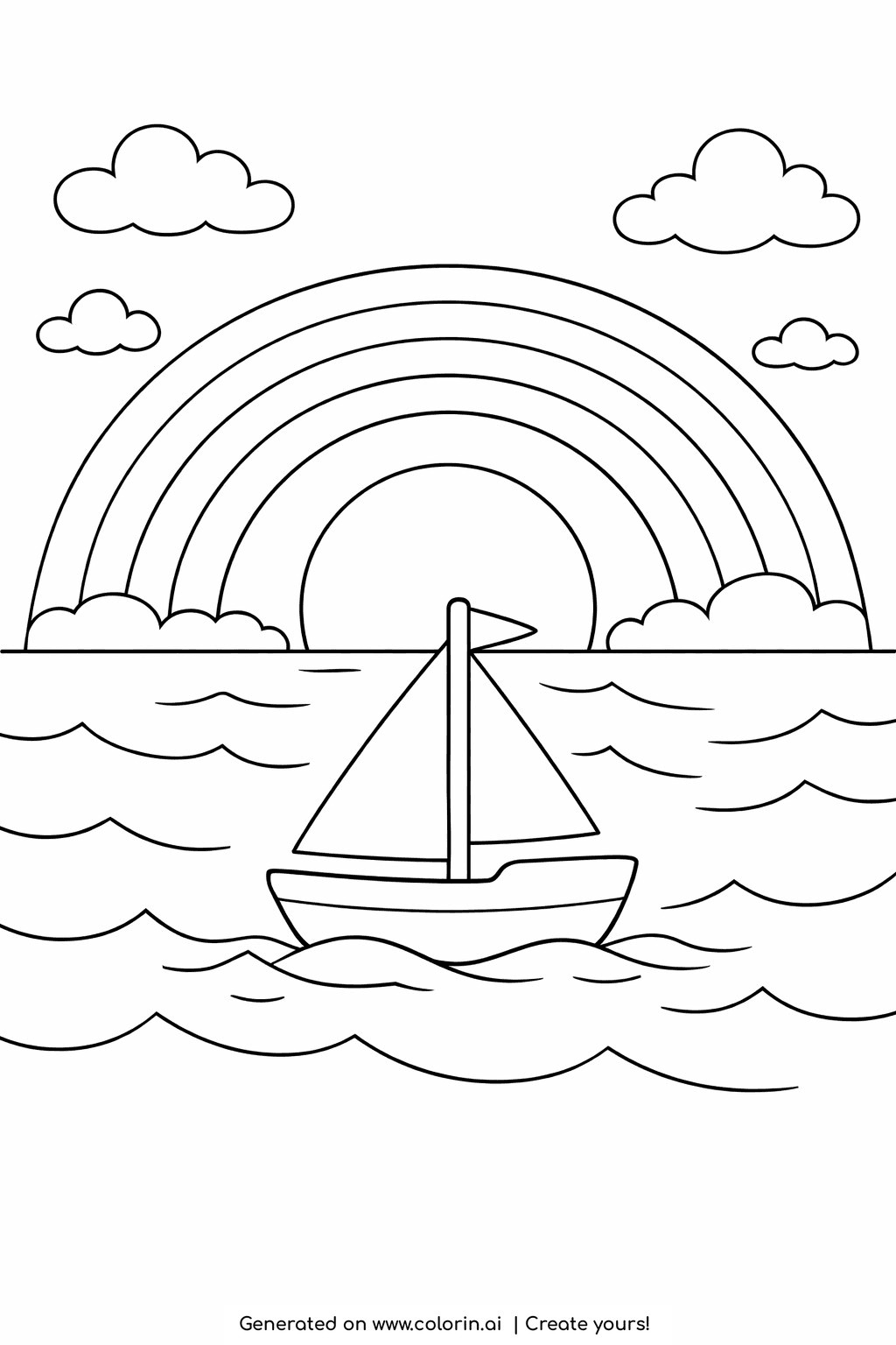 rainbow coloring pages, a small sailboat with a triangular sail on gentle sea waves, a rainbow arcing over the horizon