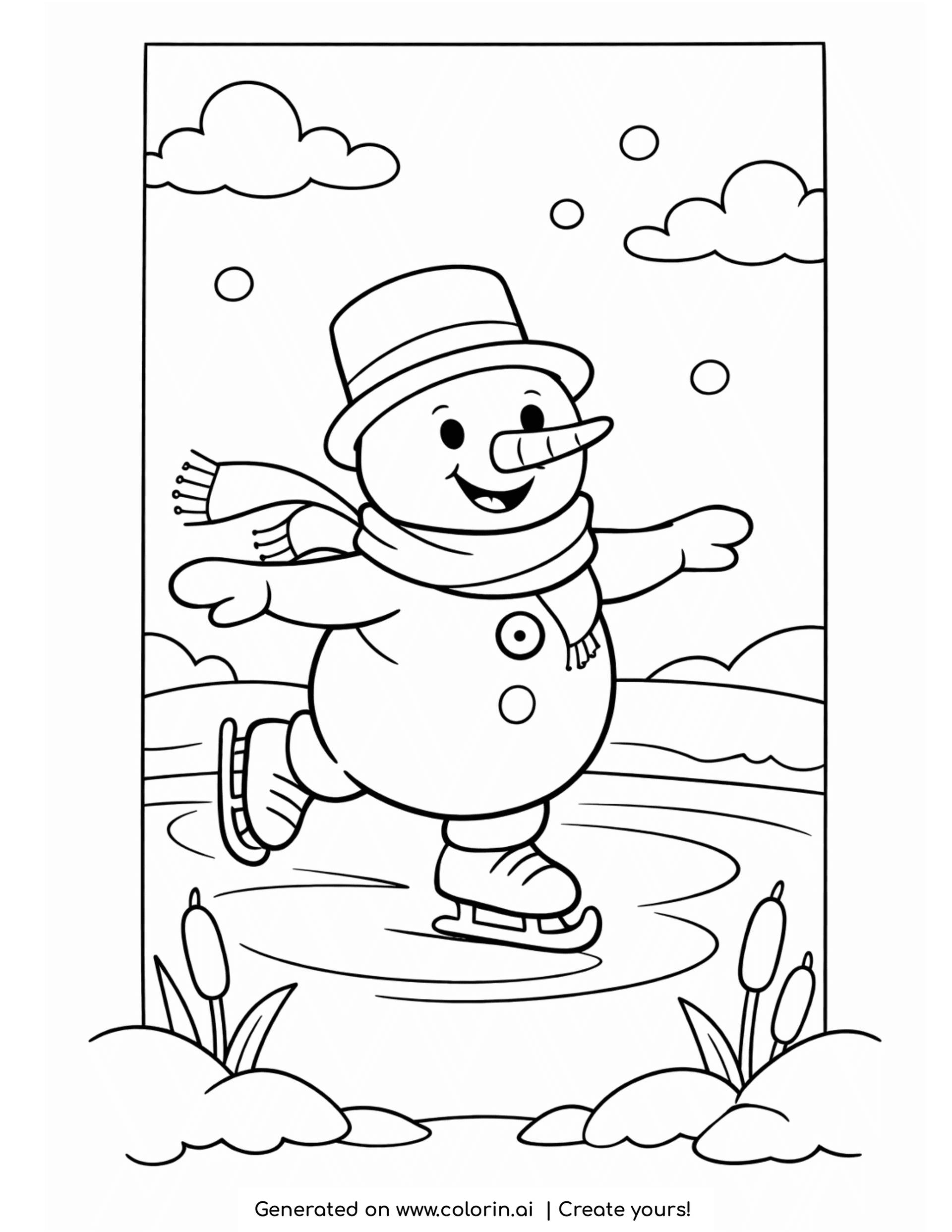 snowman coloring pages, a snowman in a top hat ice skating on a frozen pond
