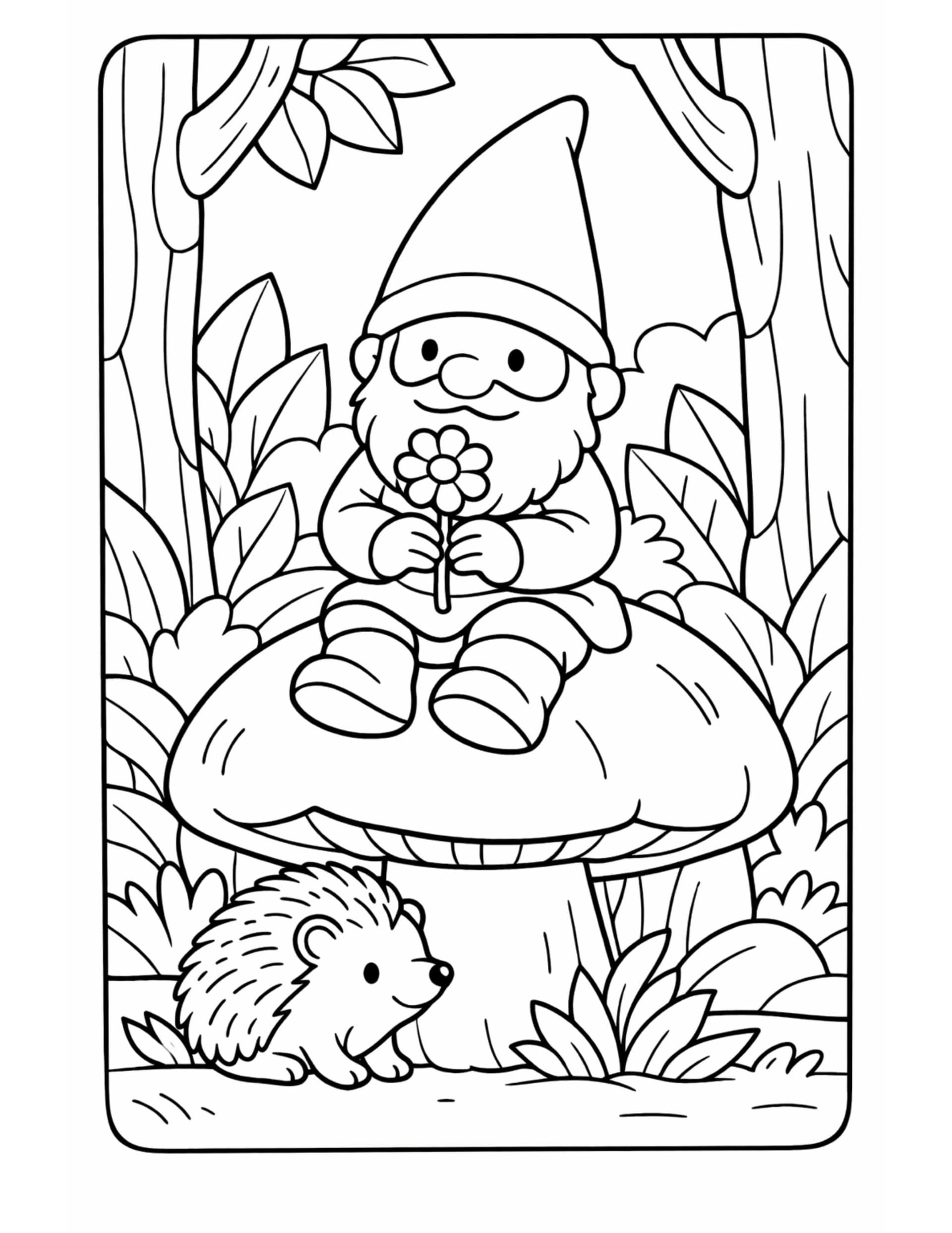 gnome holding flower on mushroom coloring page, smiling gnome sitting on a big mushroom with a hedgehog below coloring page