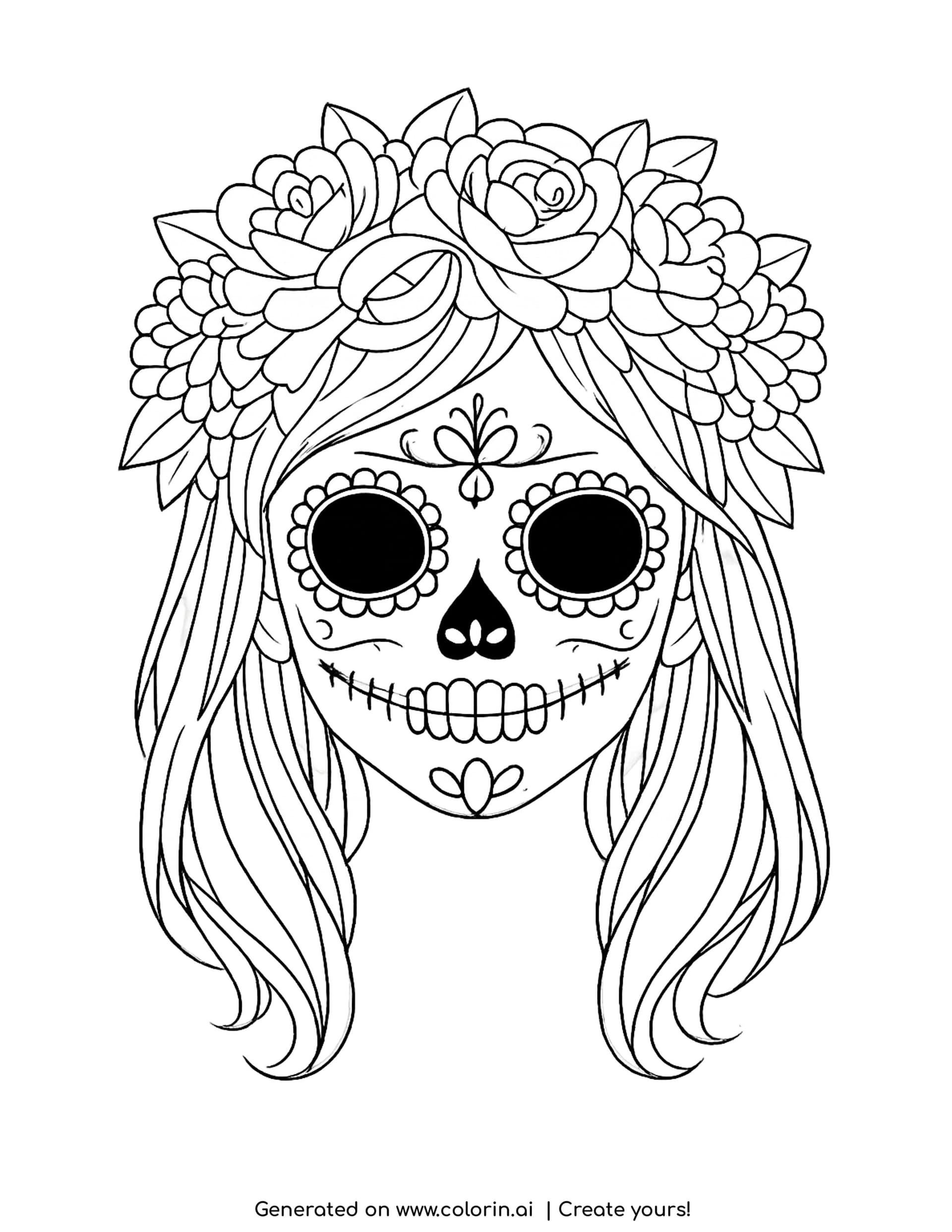 sugar skull girl coloring pages, girl's face painted as a calavera with long wavy hair and a crown of roses