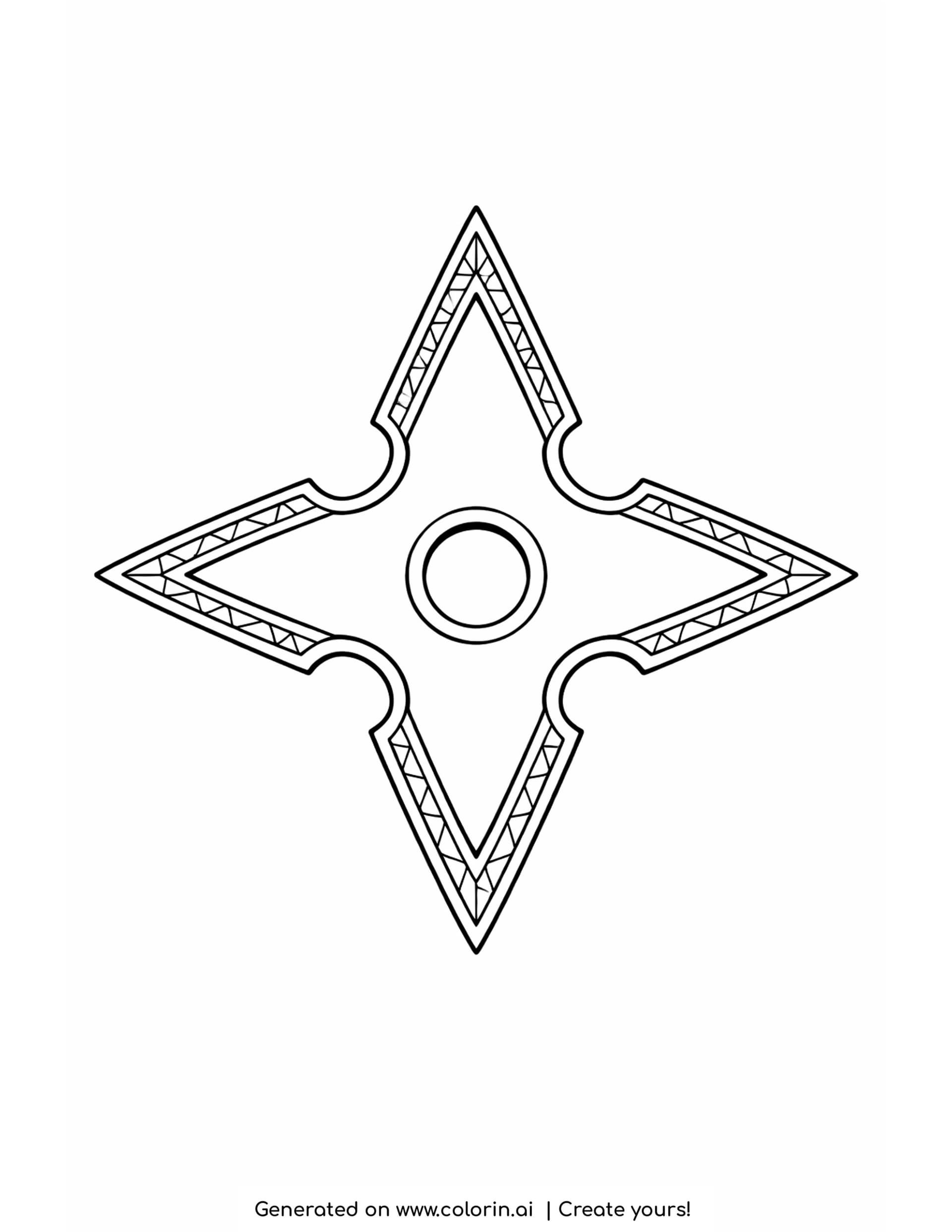 ninja star coloring pages - large four point throwing star with a sawtooth border band and a ring center hole