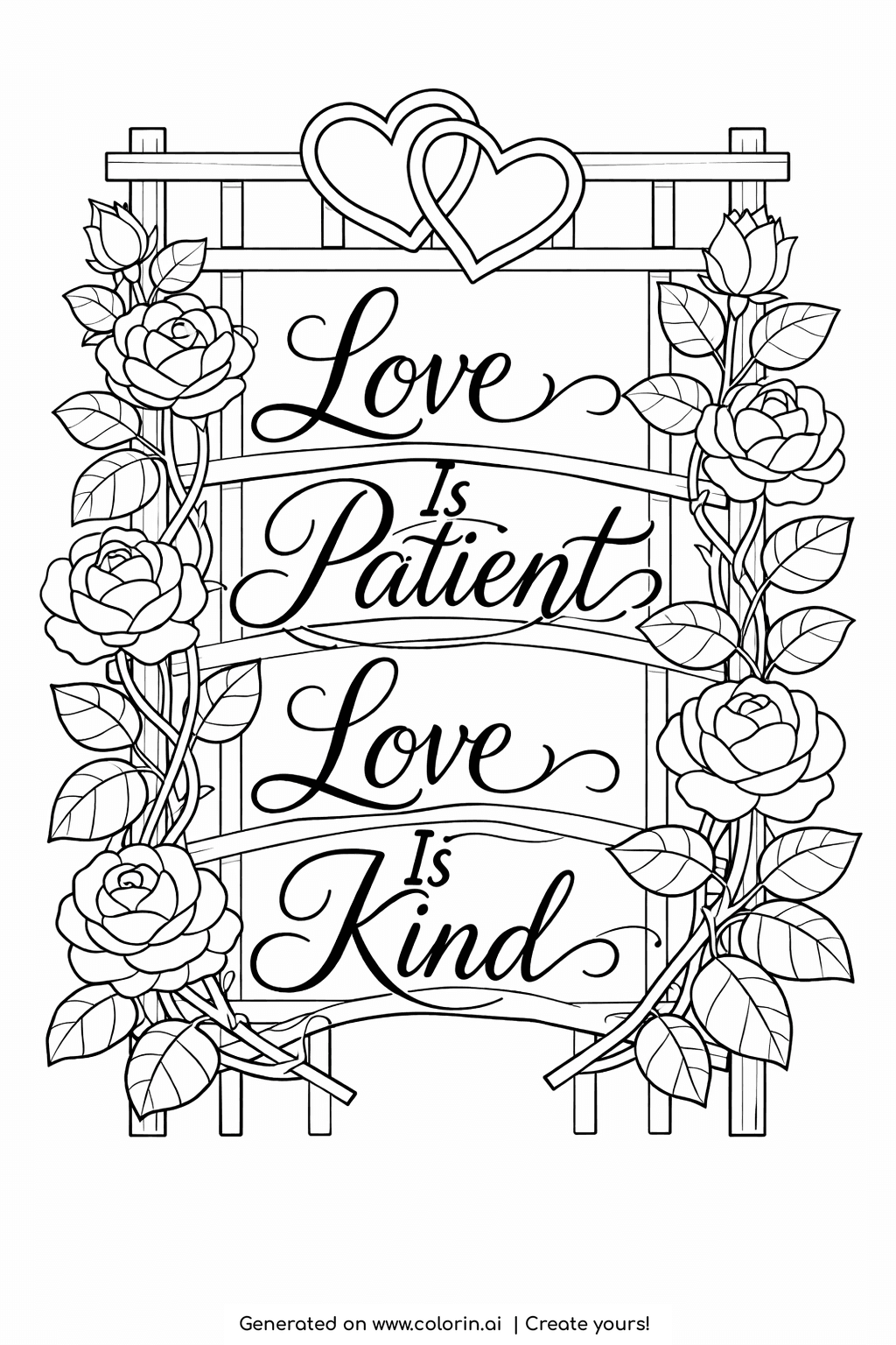 bible verse coloring pages for adults, Love Is Patient Love Is Kind on a rose covered trellis with a heart