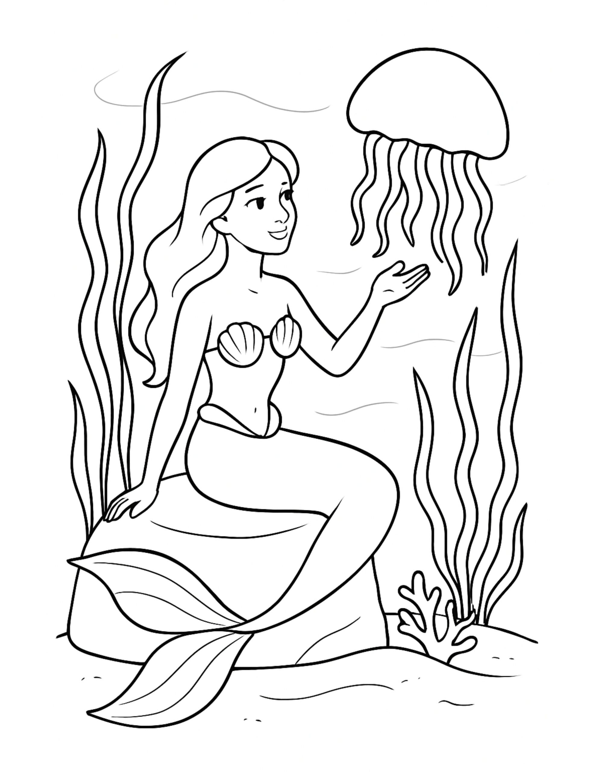 mermaid sitting on a rock greeting a jellyfish coloring page with seaweed and coral
