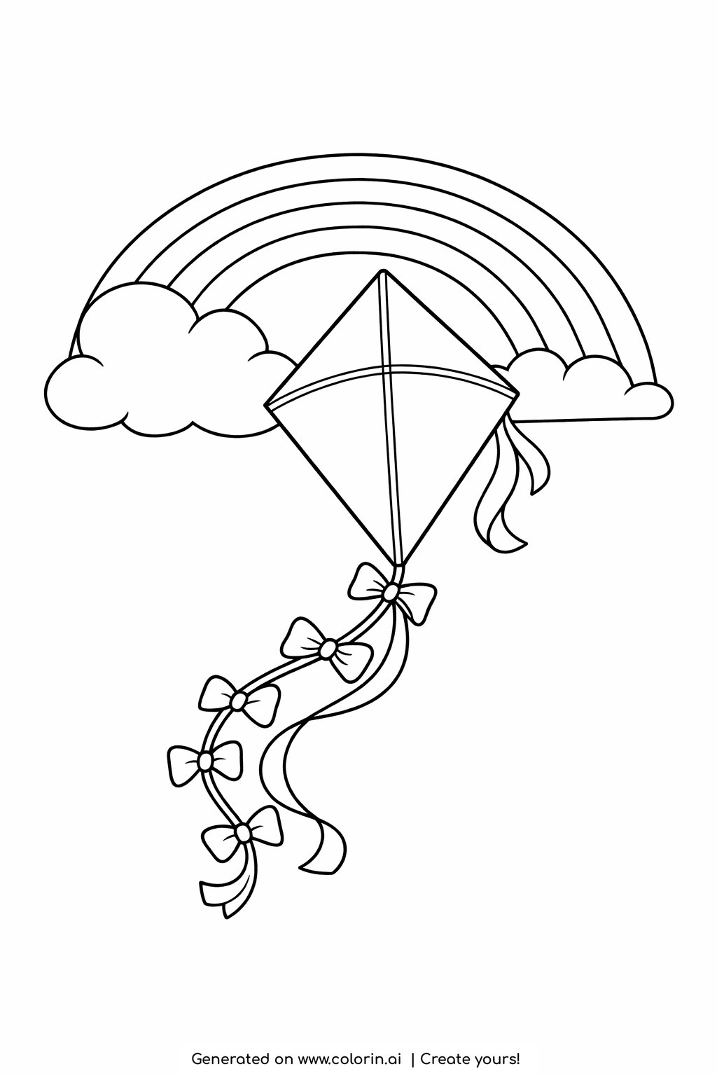 printable rainbow coloring pages, a rainbow arching over a diamond kite with a long bow-tied tail dancing in the breeze