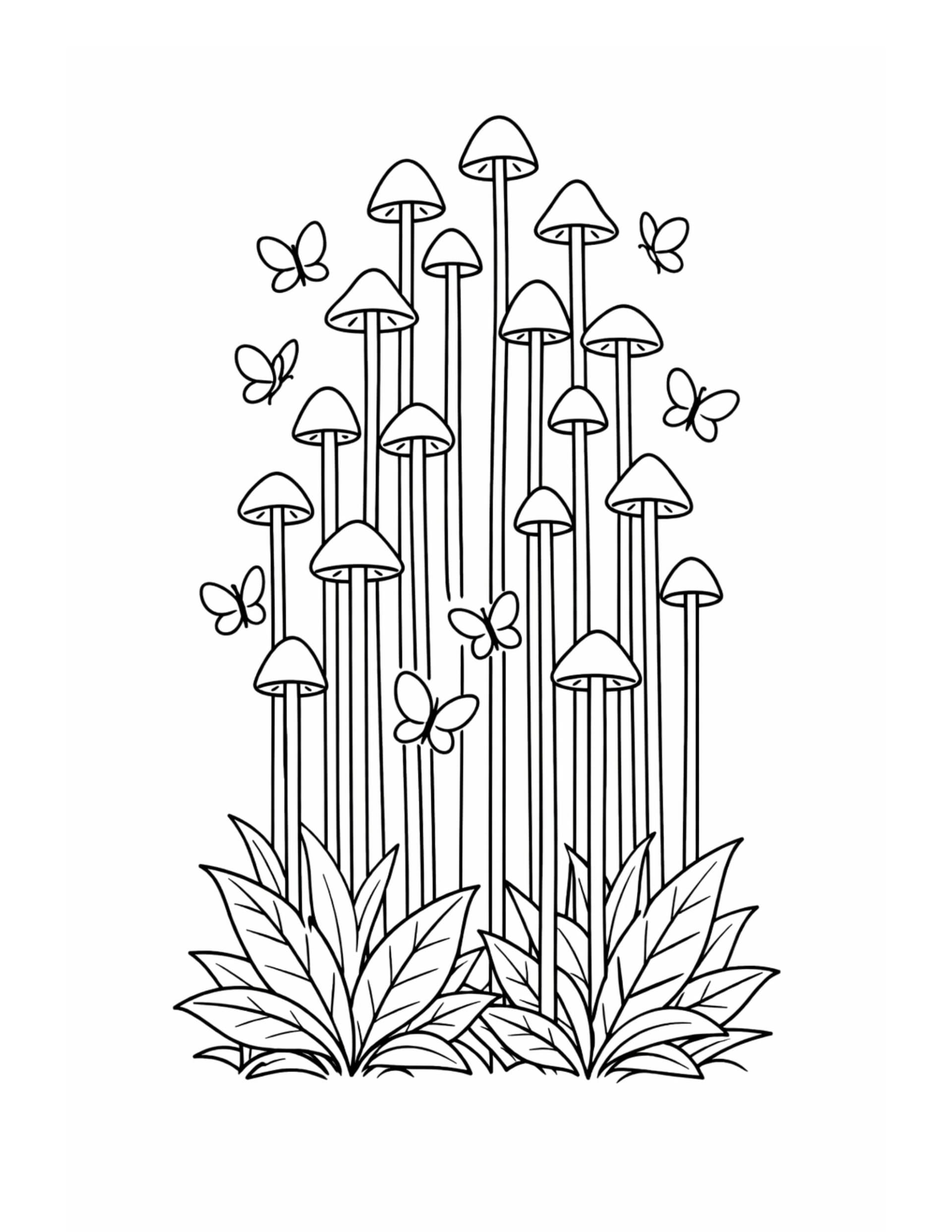 tall mushrooms with butterflies coloring page with slender stems, leafy base, and fluttering butterflies coloring page