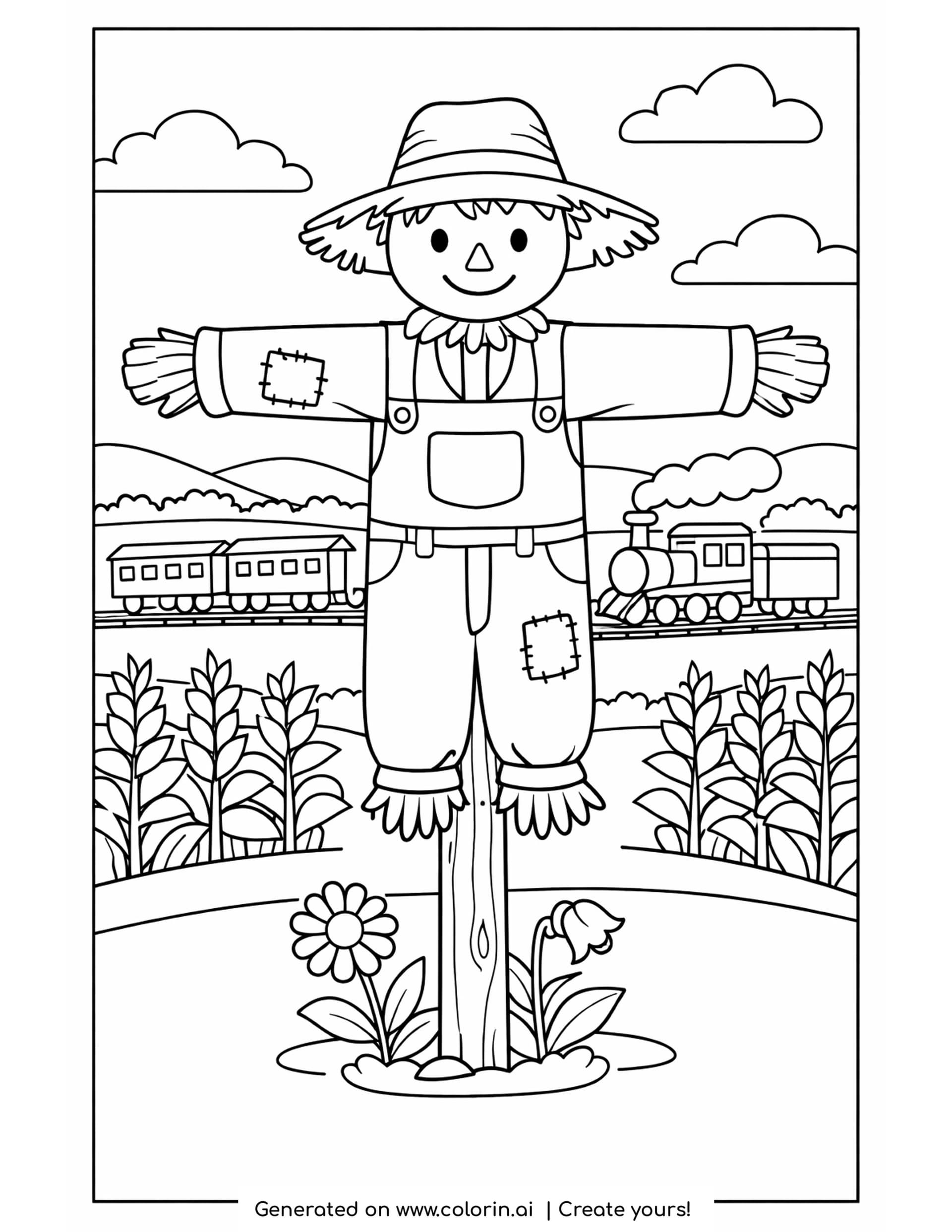 scarecrow coloring pages: a smiling scarecrow on a post in patched overalls and a straw hat with trains passing behind