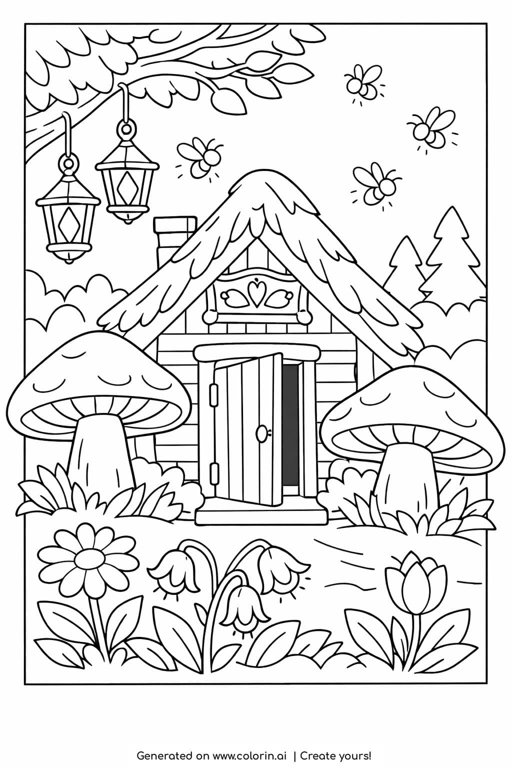 forest cabin with mushrooms and lanterns coloring page featuring open door, flowers, and fireflies coloring page