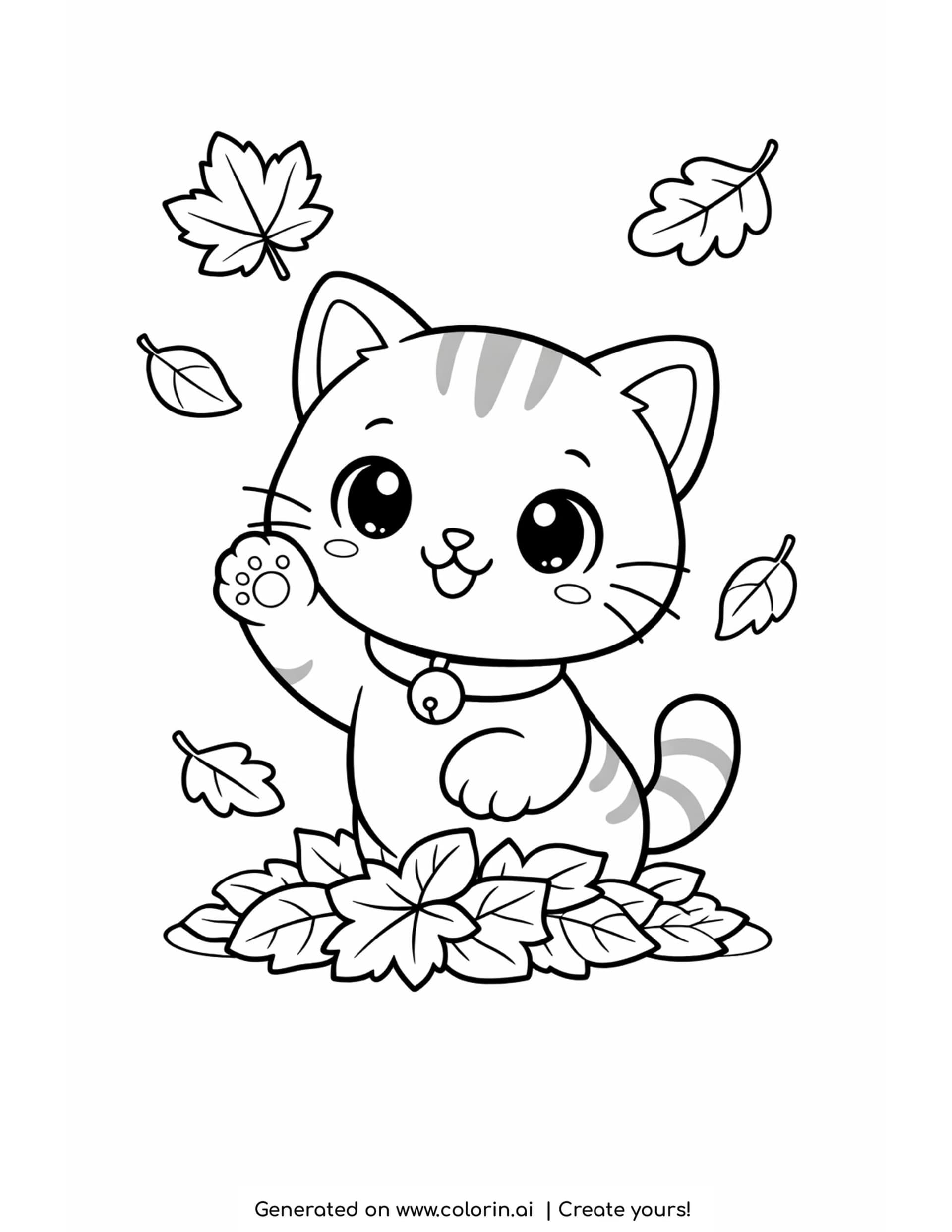 thanksgiving cat coloring pages, a playful kitten batting at falling leaves with a small pile of leaves at its feet