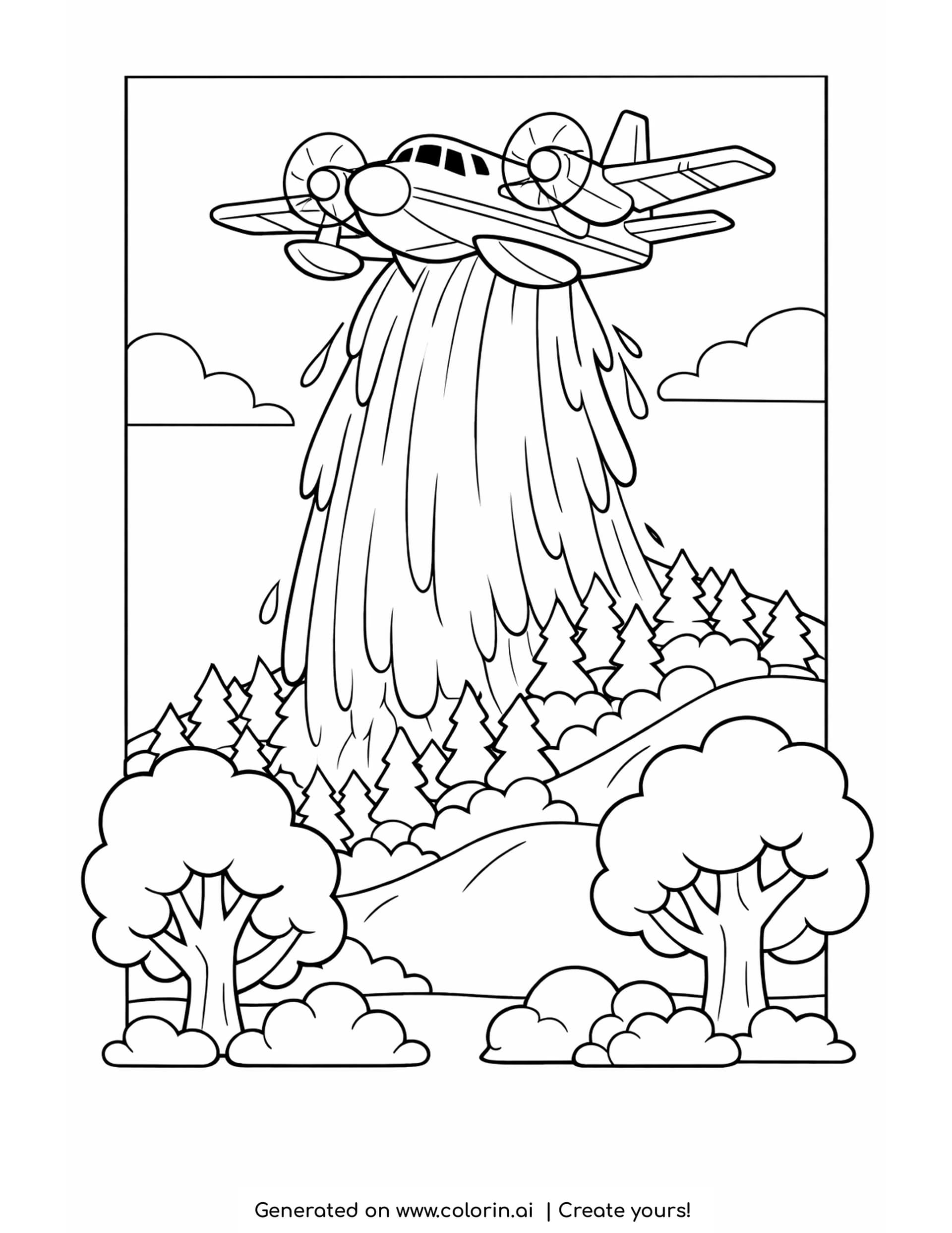 water bomber plane coloring pages — firefighting plane dropping a curtain of water over a pine hillside