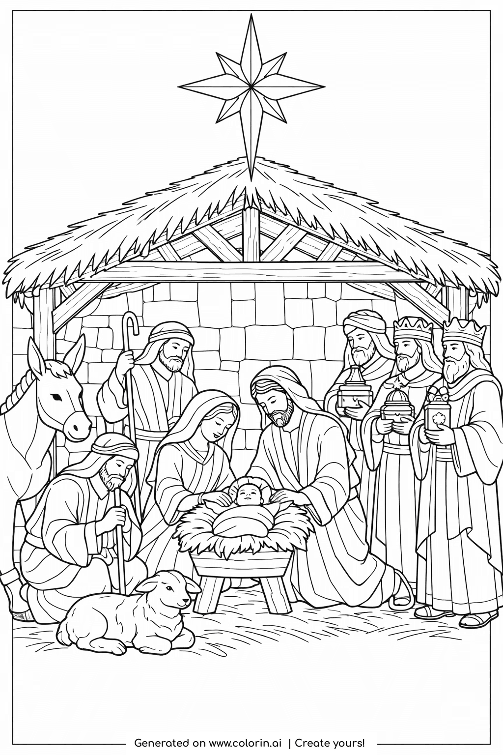 bible coloring pages for adults, a detailed nativity scene with the holy family, wise men, shepherd, and animals under the star