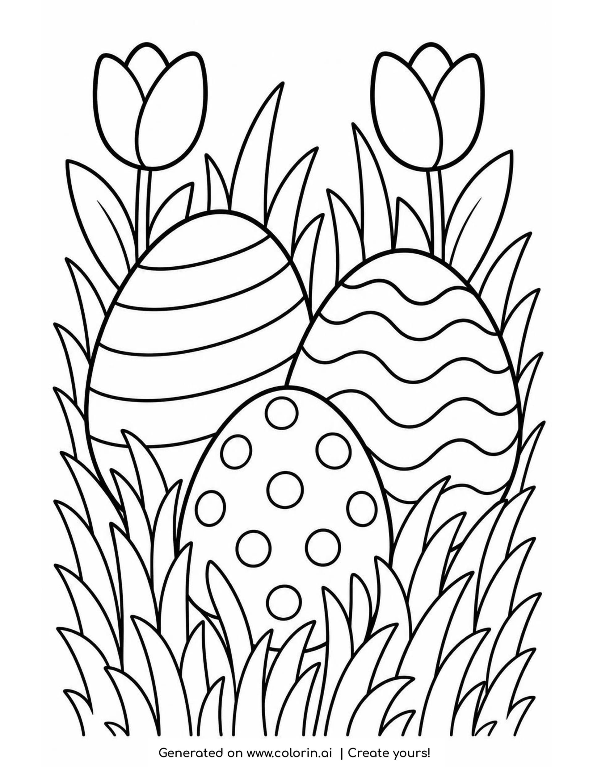Easter eggs coloring page with a striped egg, a wavy egg and a small dotted egg in tall spring grass, with two tulips behind them