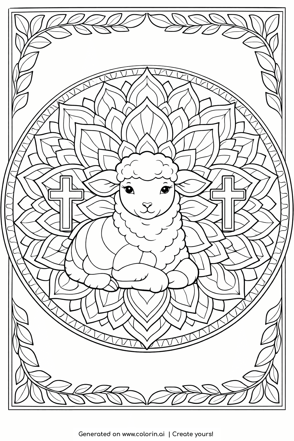 bible verse coloring pages, Lamb of God resting in a floral mandala with two crosses and a leafy border