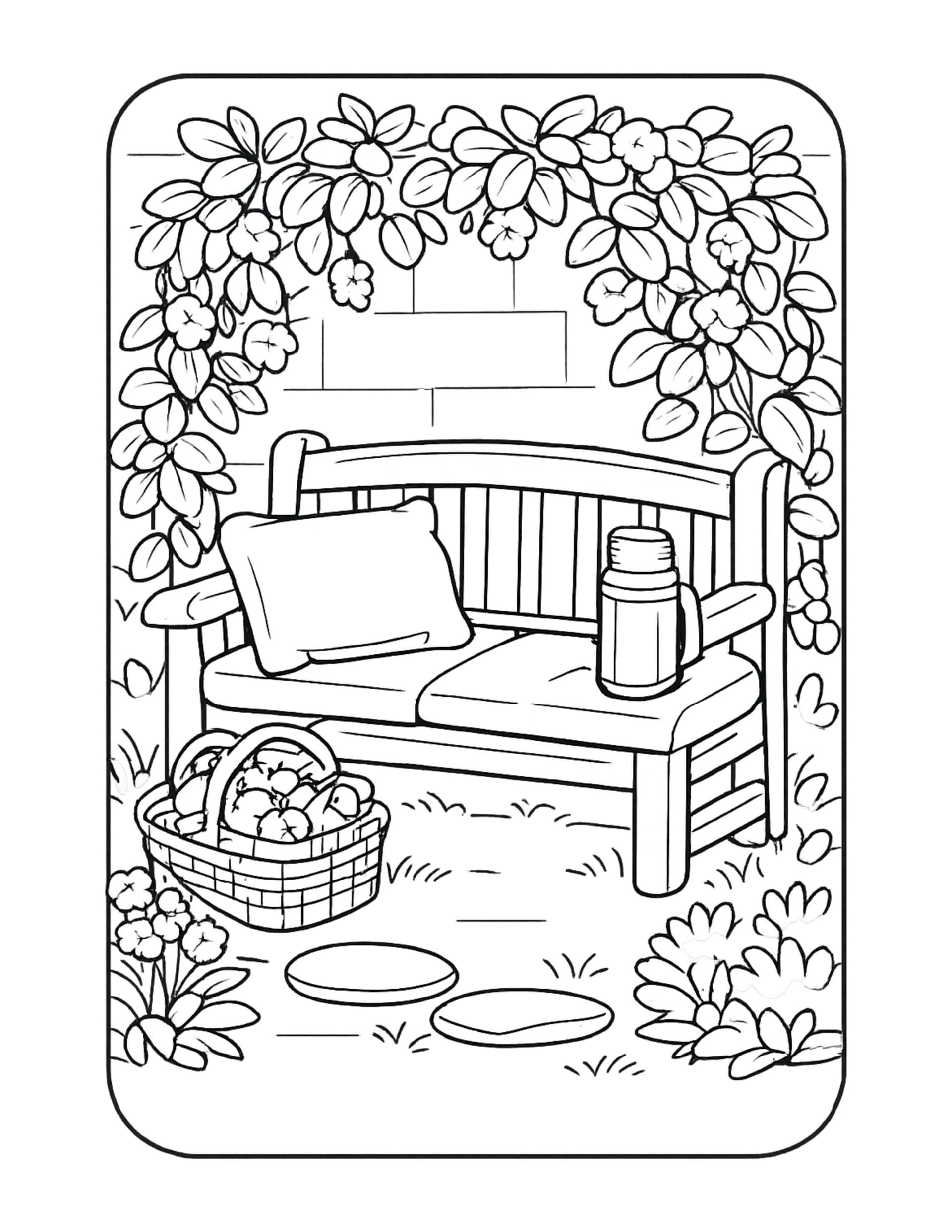 garden bench with thermos coloring page, leafy arch over a bench with pillow and basket