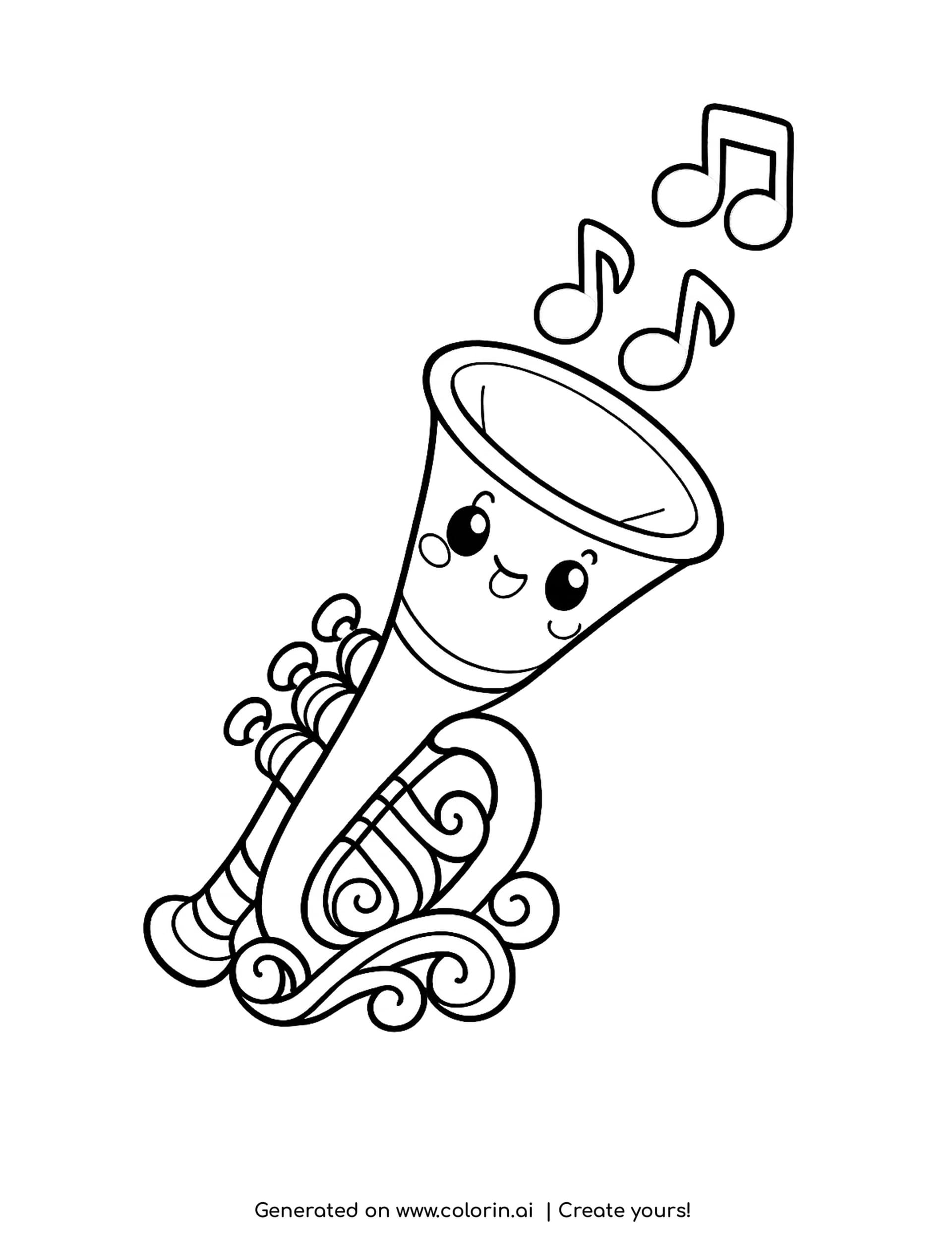 trumpet coloring pages - cute tilted trumpet with a smiling bell and three music notes rising above