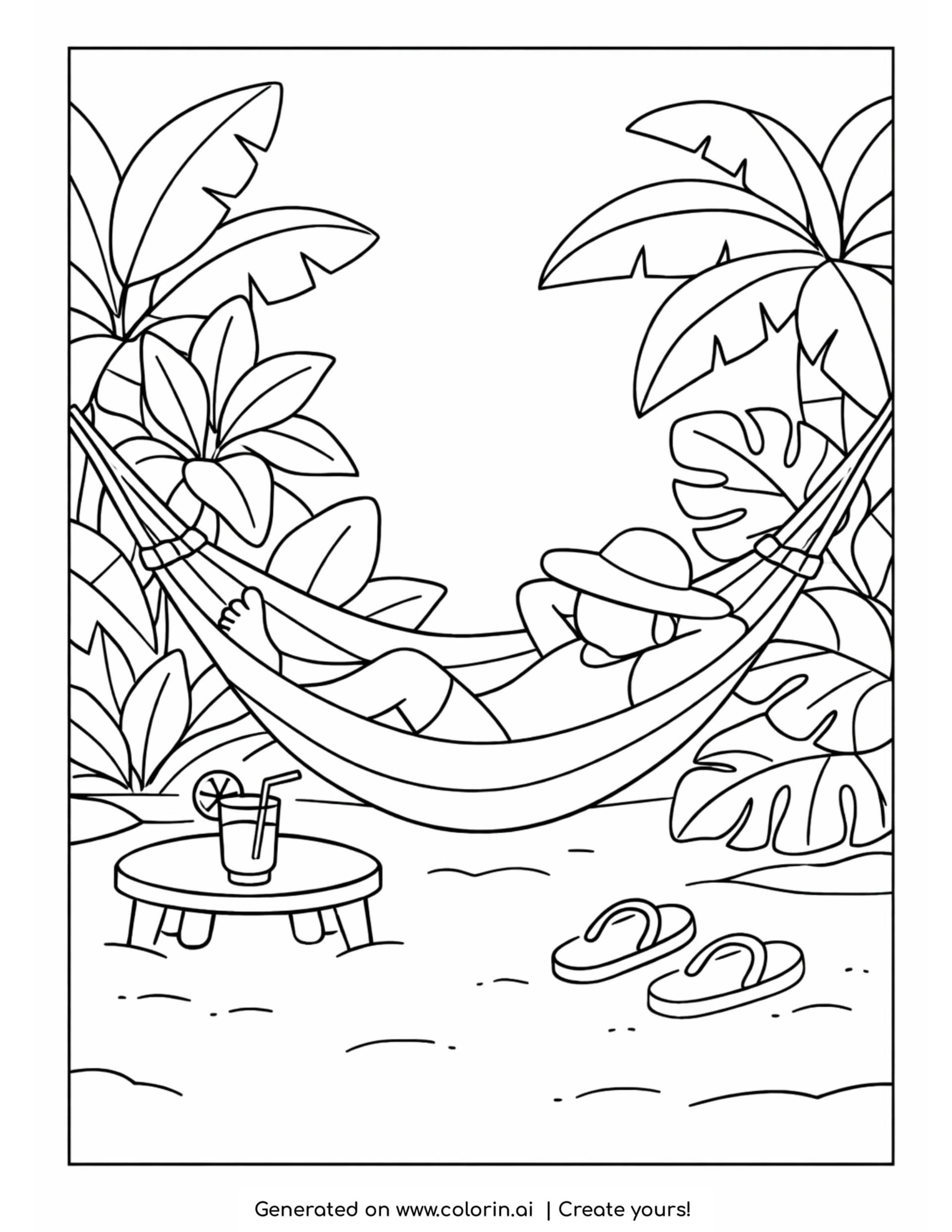 person relaxing in hammock by beach coloring page with plants drink and sandals