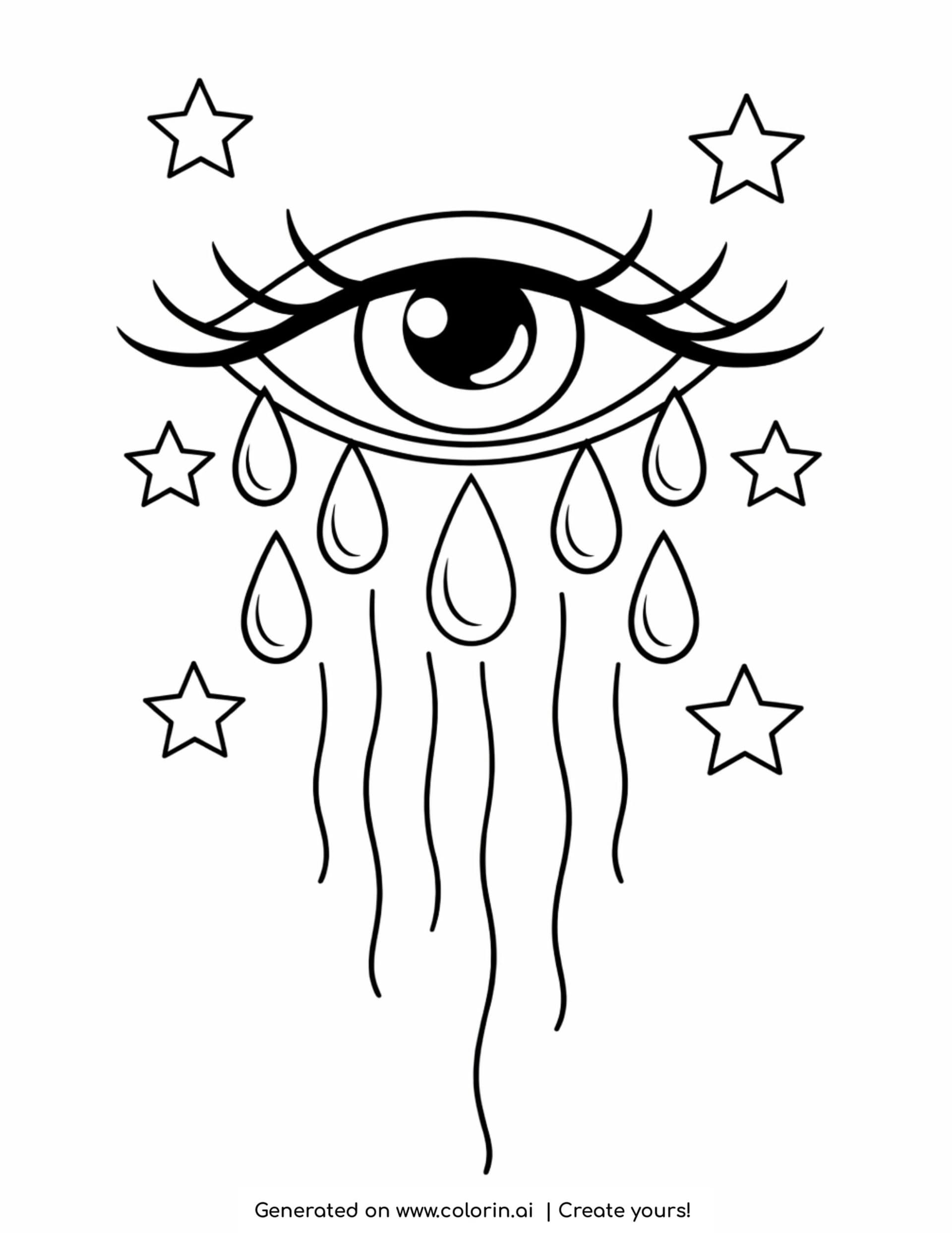crying eye with falling tears coloring page with stars and flowing lines