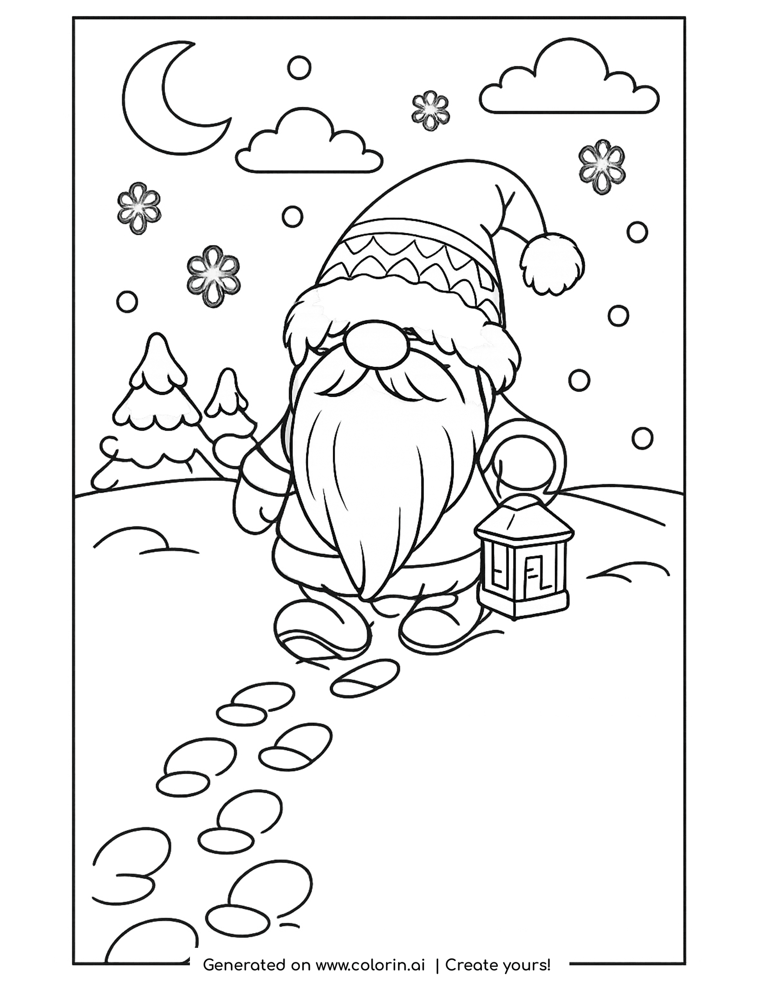 winter gnome coloring pages, a gnome carrying a lantern with footprints in the snow