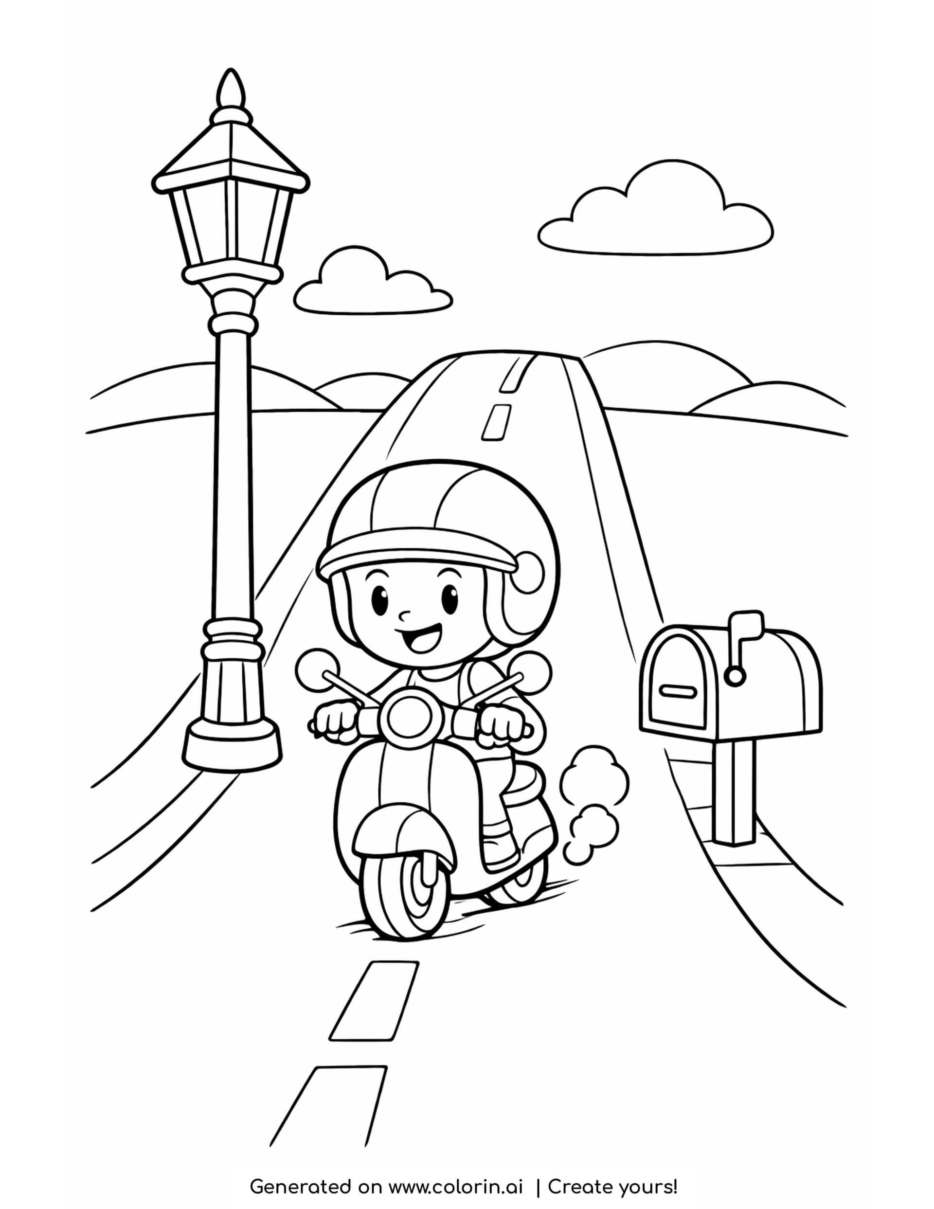 scooter in the street coloring pages - young rider on a small scooter riding down a street past a tall lamppost