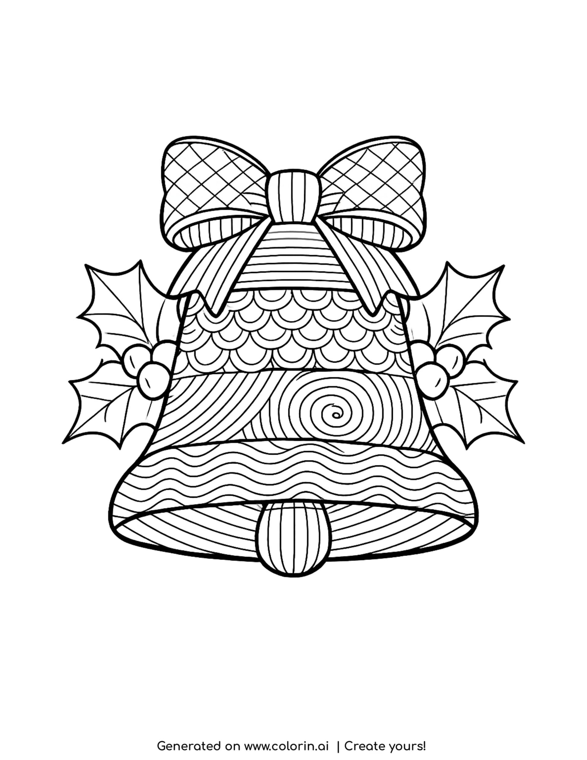 adult christmas coloring pages, a zentangle Christmas bell with patterned bands, a bow on top, and holly at the sides