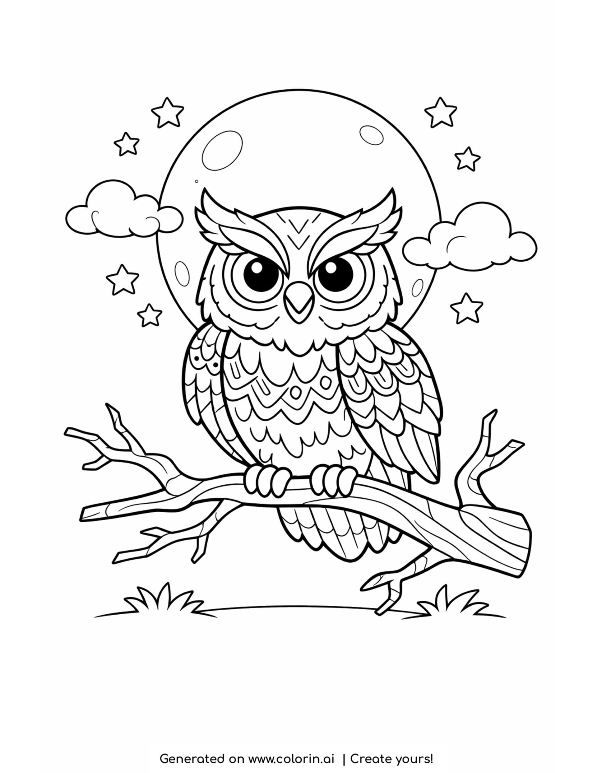 owl coloring pages, a wise owl perched on a crooked branch under a full moon with stars
