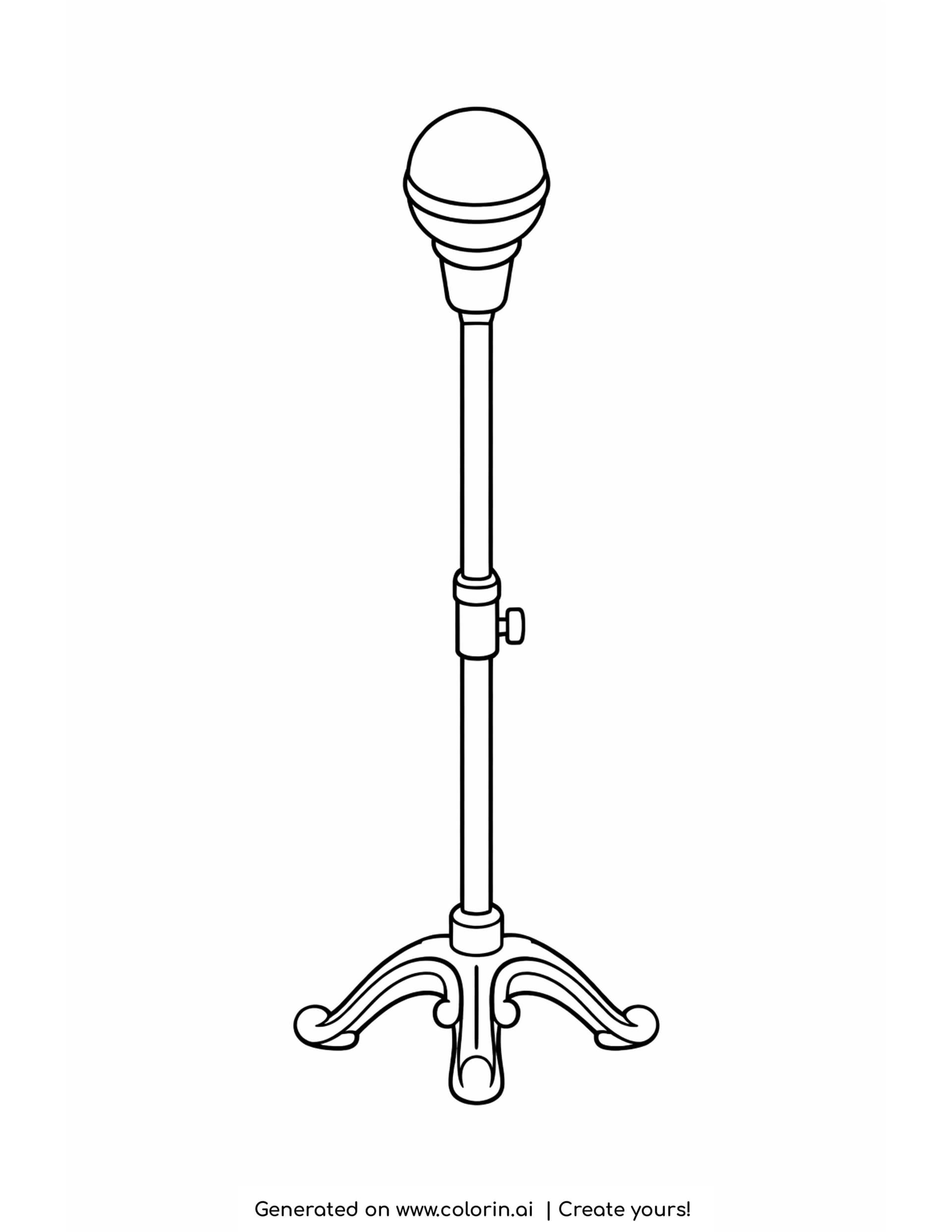 simple microphone coloring pages - a round headed microphone on a tall stand with three scrolled legs