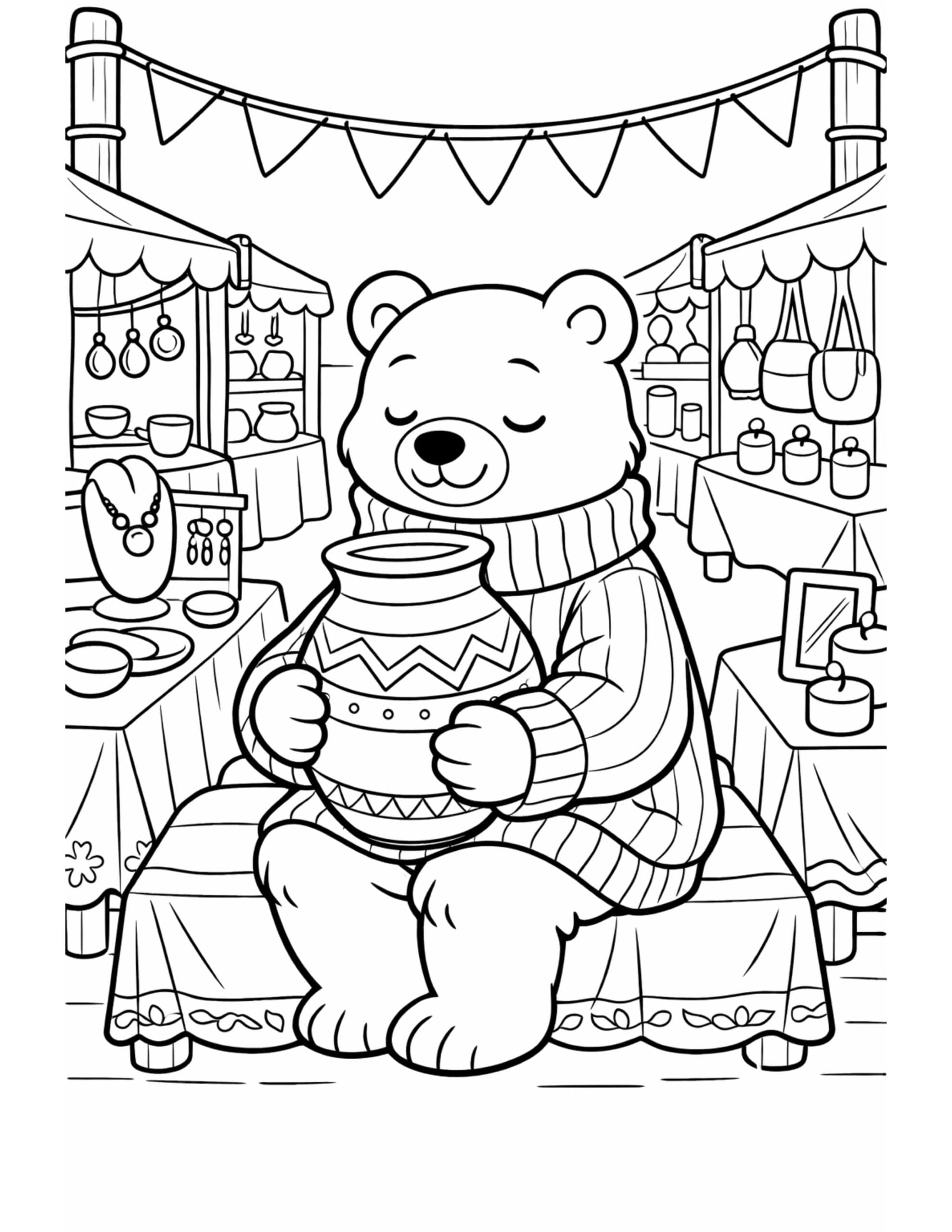 bear holding pottery vase at market coloring page with bunting flags, craft stalls, and handmade items coloring page