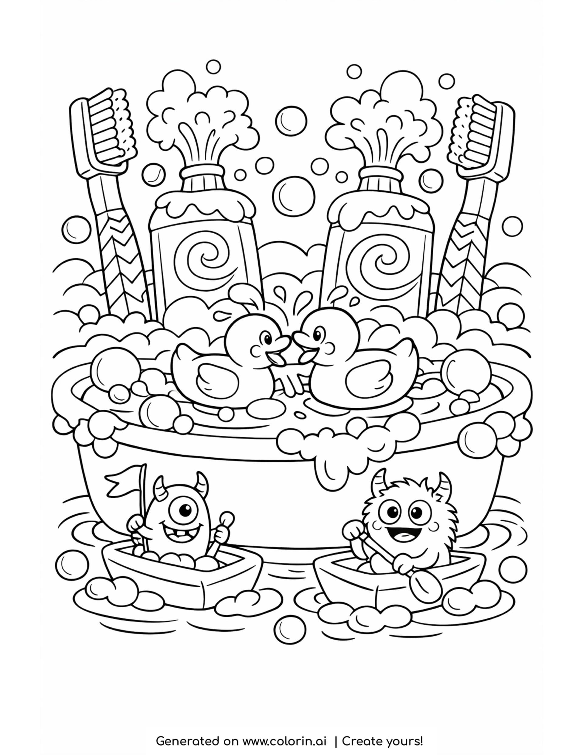 rubber ducks splashing foam coloring page with tiny monsters sailing soap boats