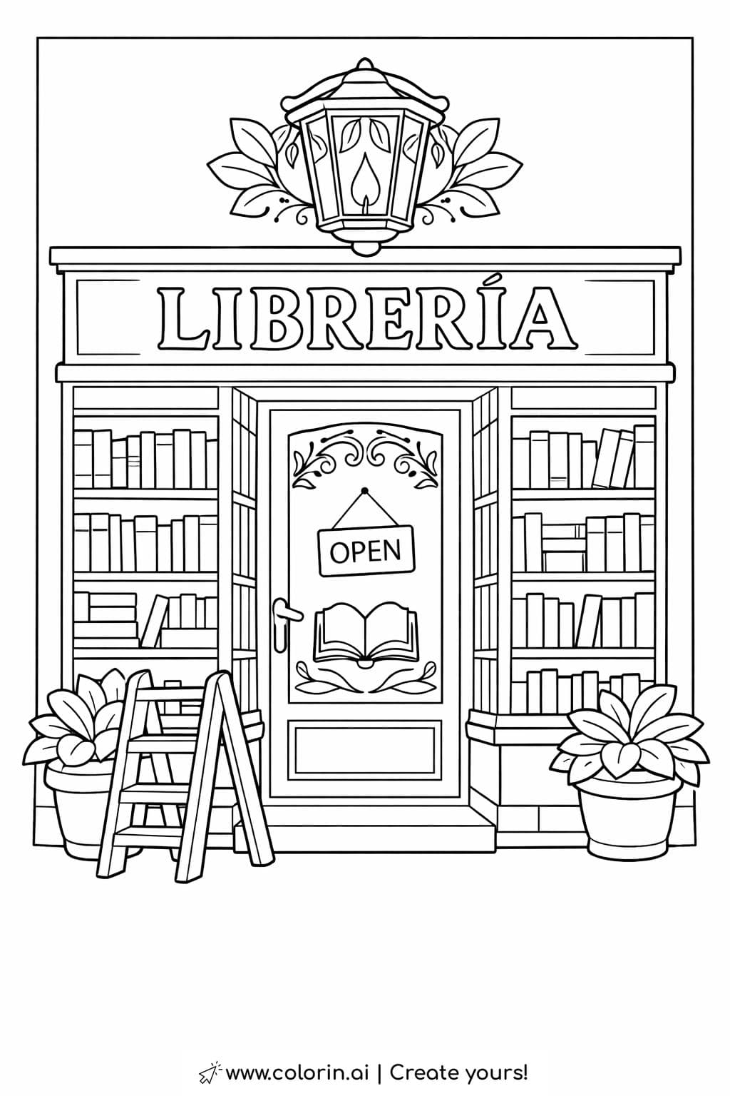 cozy bookstore with open sign coloring page featuring bookshelves and potted plants coloring page