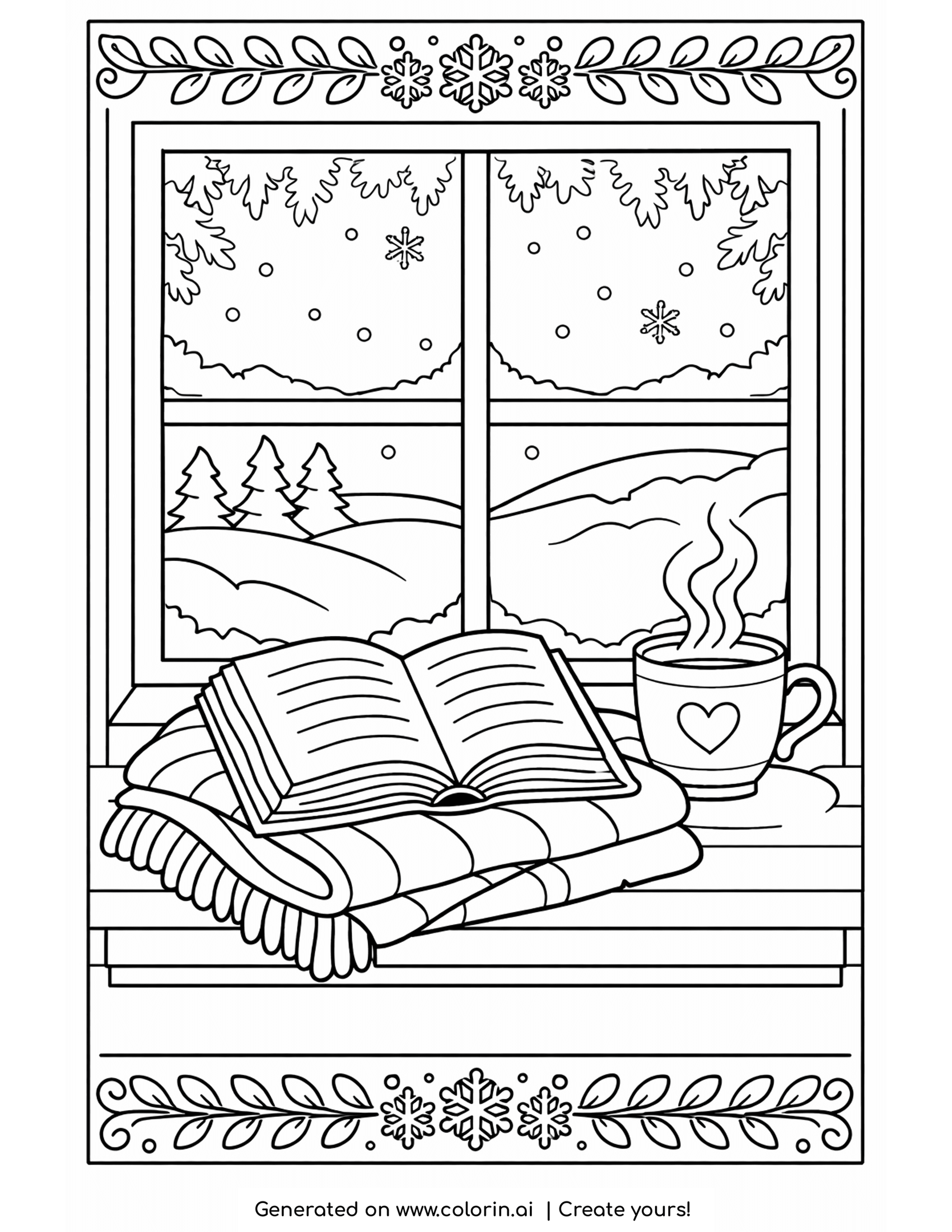 cozy winter coloring pages, open book, folded blanket and a mug of tea on a snowy windowsill