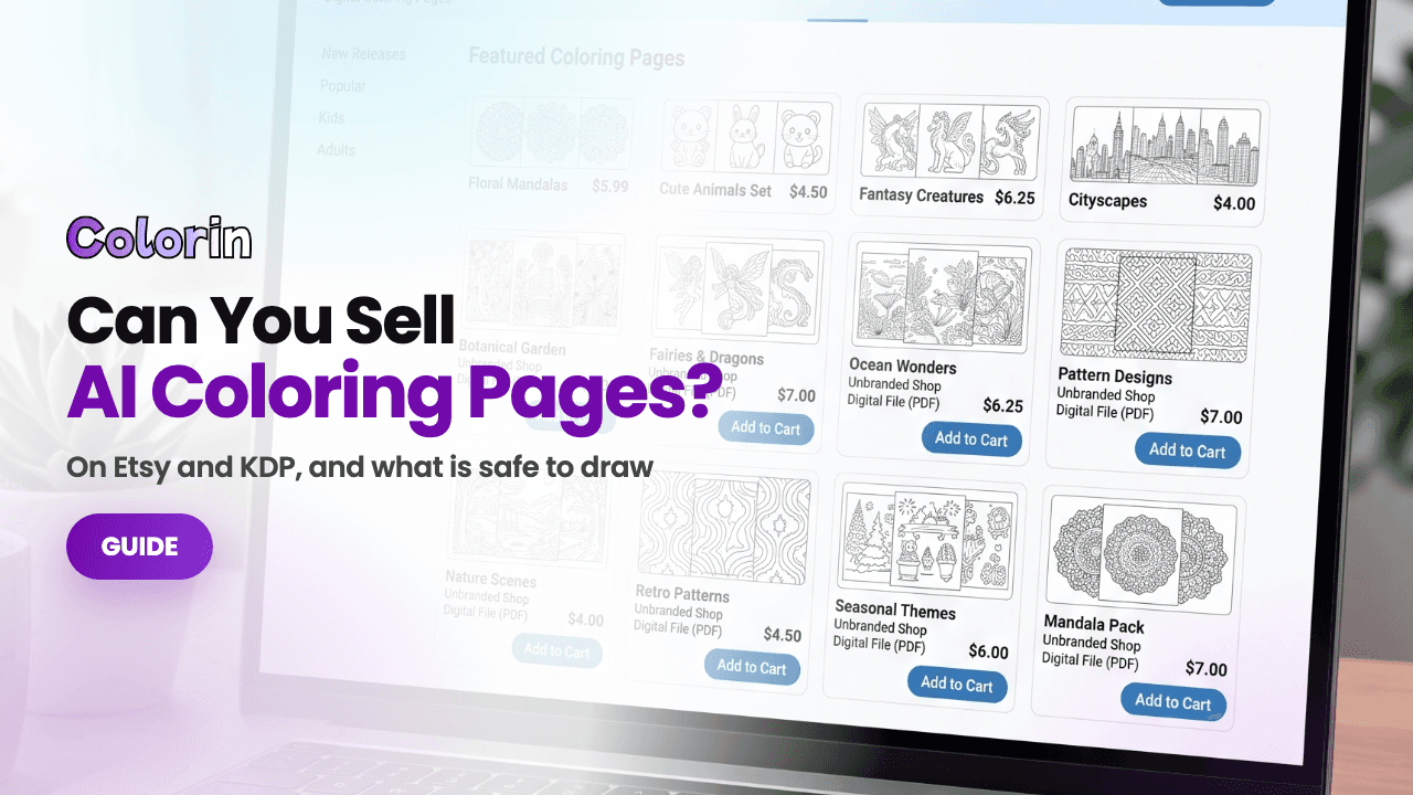 Can You Sell AI Coloring Pages: a printable coloring page shop on a laptop