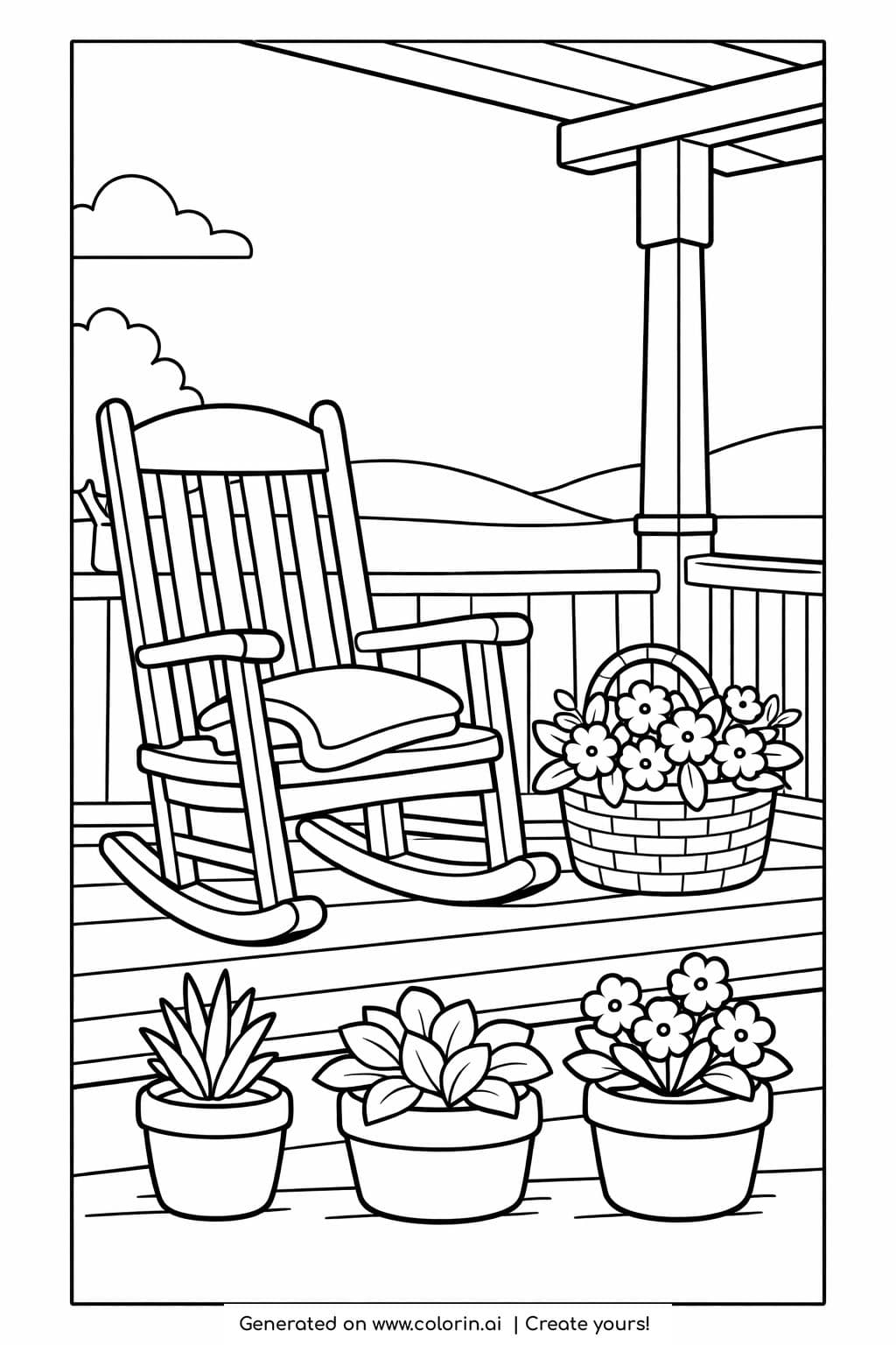 cozy rural porch with rocking chair coloring page featuring potted flowers and wooden deck coloring page