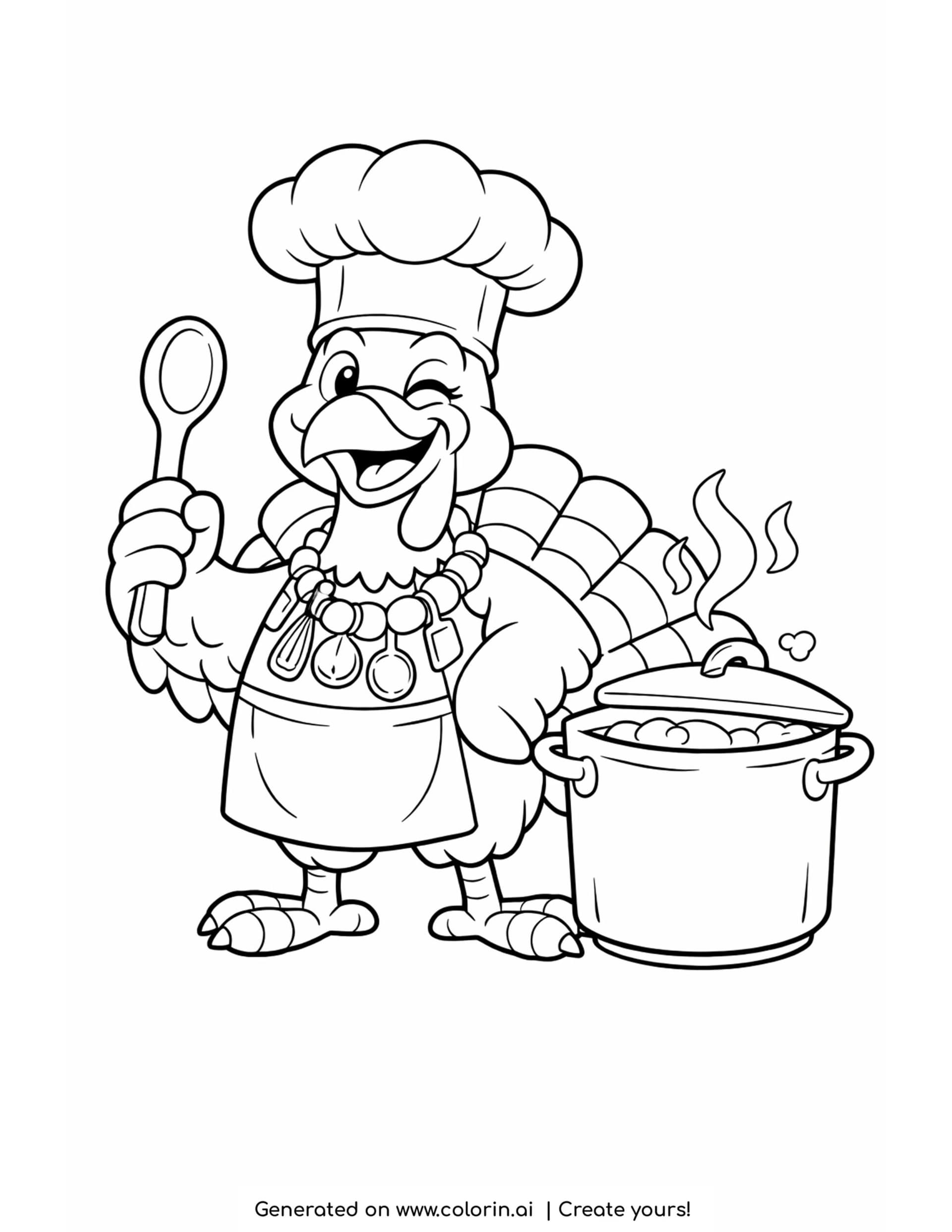funny thanksgiving coloring pages, a turkey wearing a chef hat and apron holding a wooden spoon beside a steaming pot