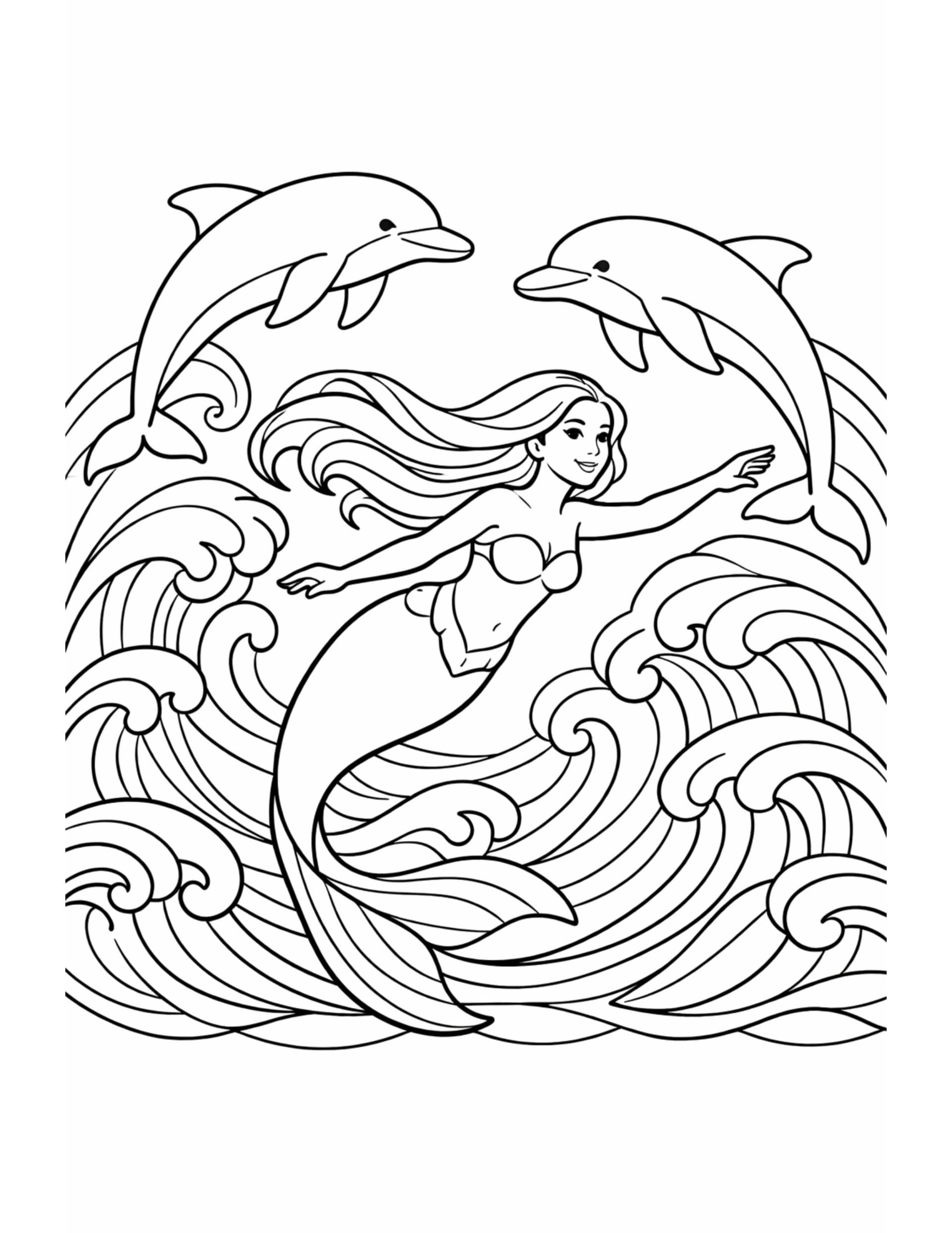 mermaid swimming with dolphins coloring page featuring ocean waves and playful sea life coloring page