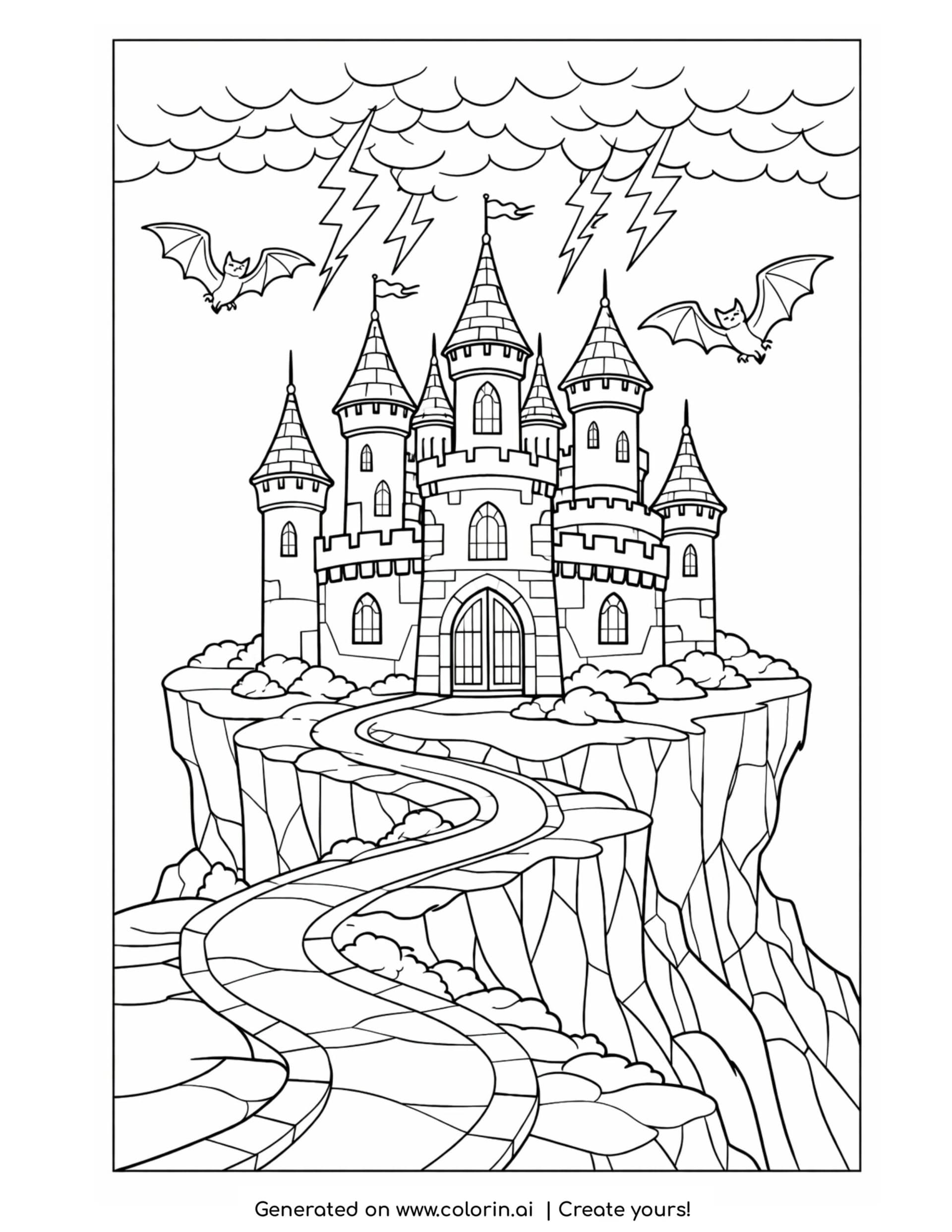 haunted castle coloring pages, a many-towered castle on a cliff with bats, lightning, and a winding path