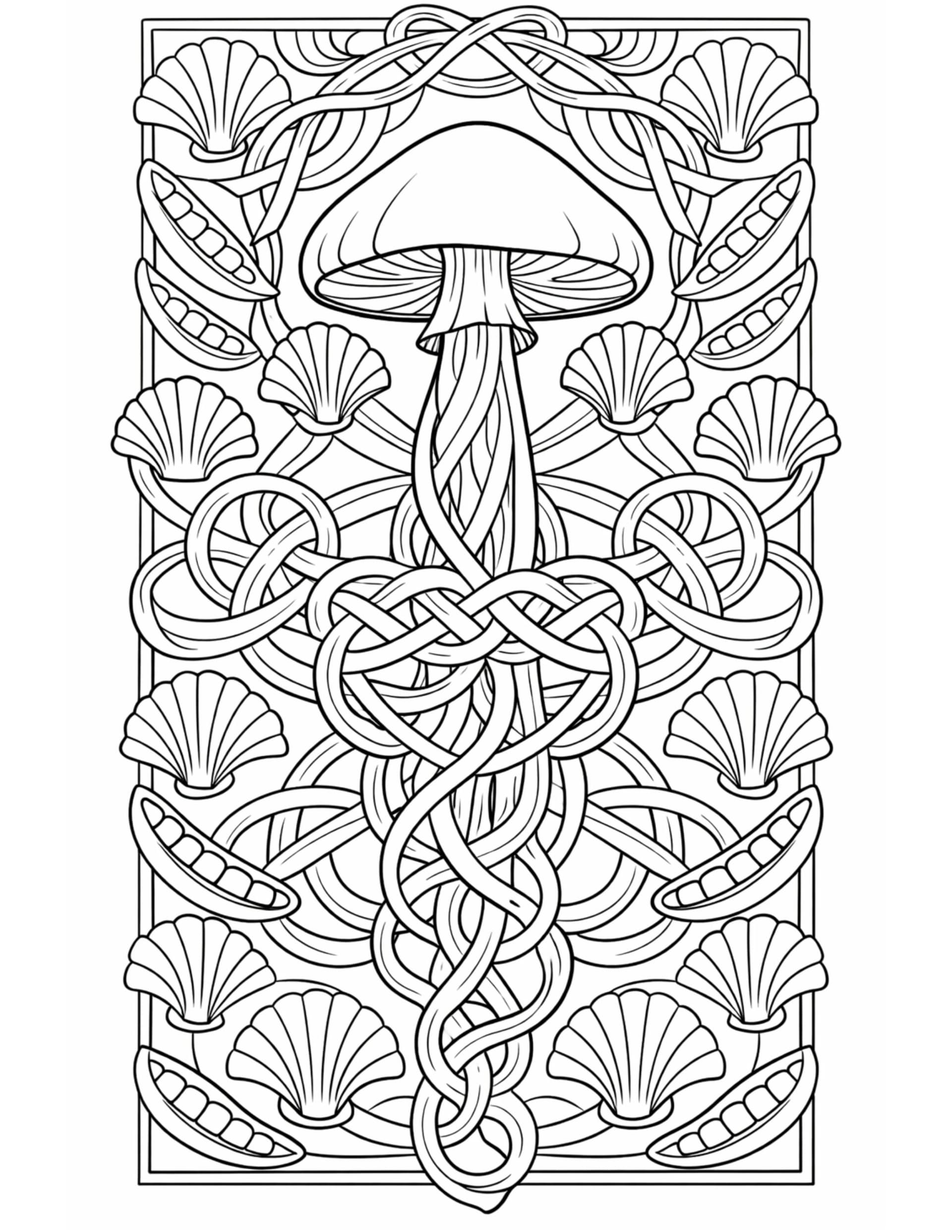 celtic knot mushroom pattern coloring page with intricate knotwork and decorative framing coloring page