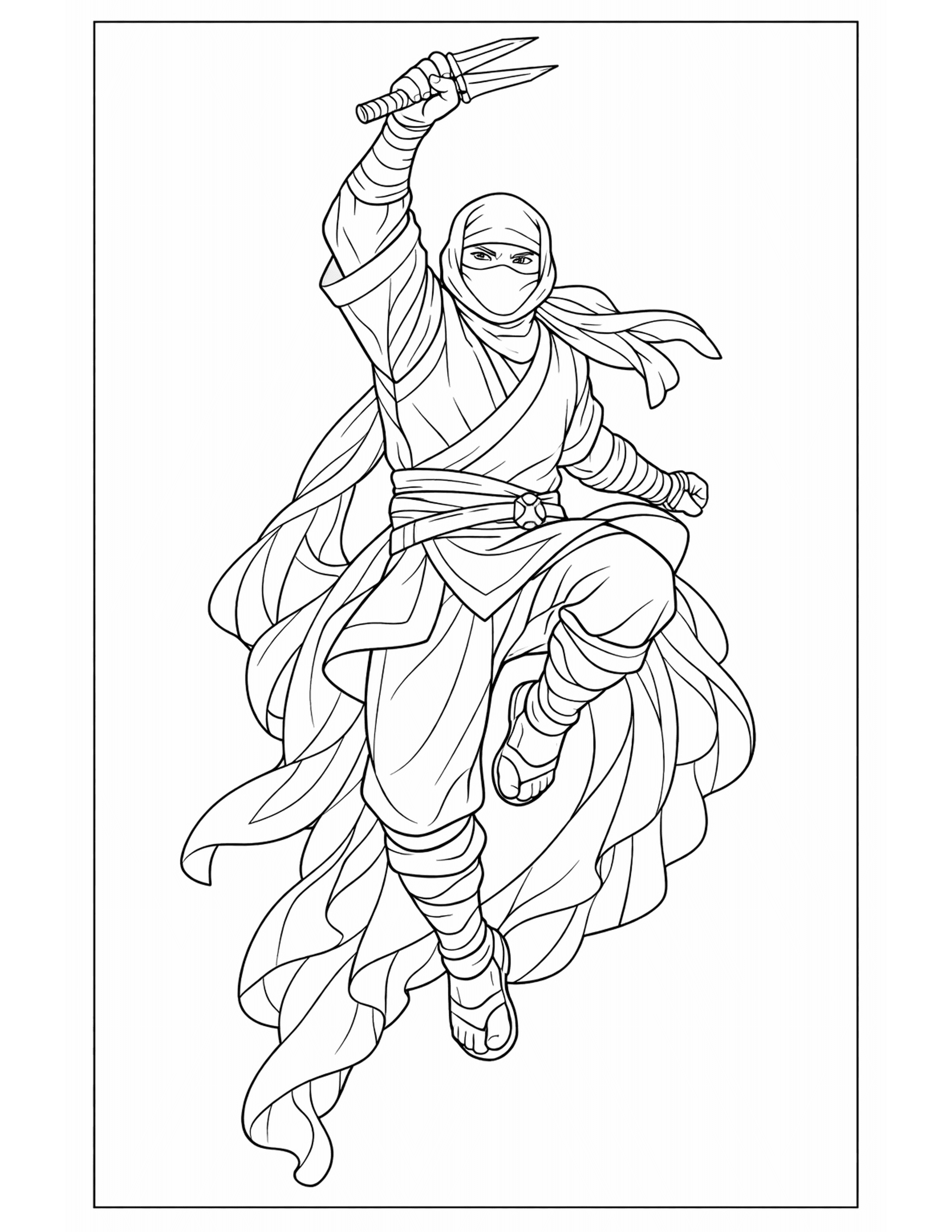 ninja with blades coloring pages - ninja leaping in mid air with a forked blade raised and cloth trailing down the page