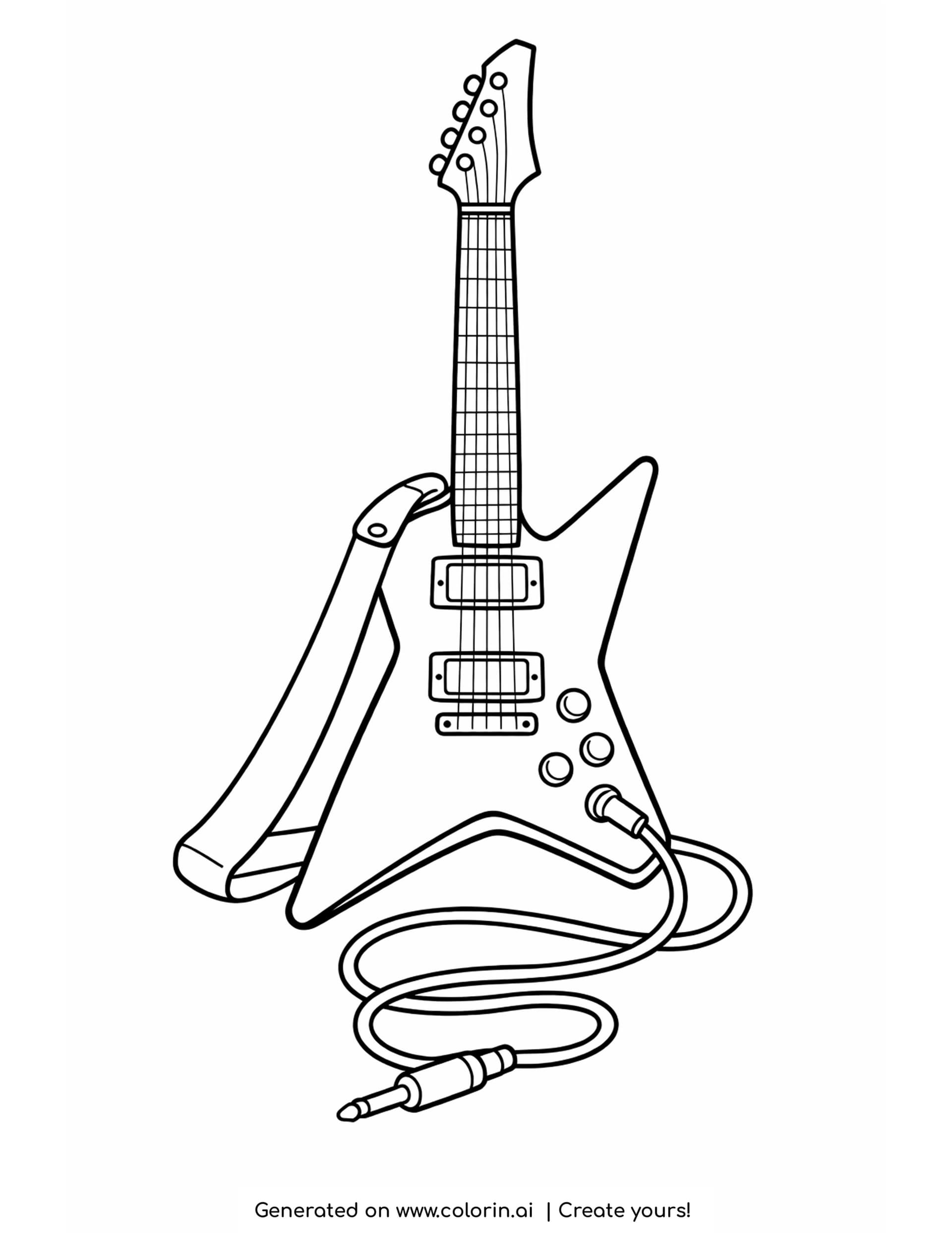 electric guitar coloring pages - pointed body electric guitar with pickups, knobs and a curling cable