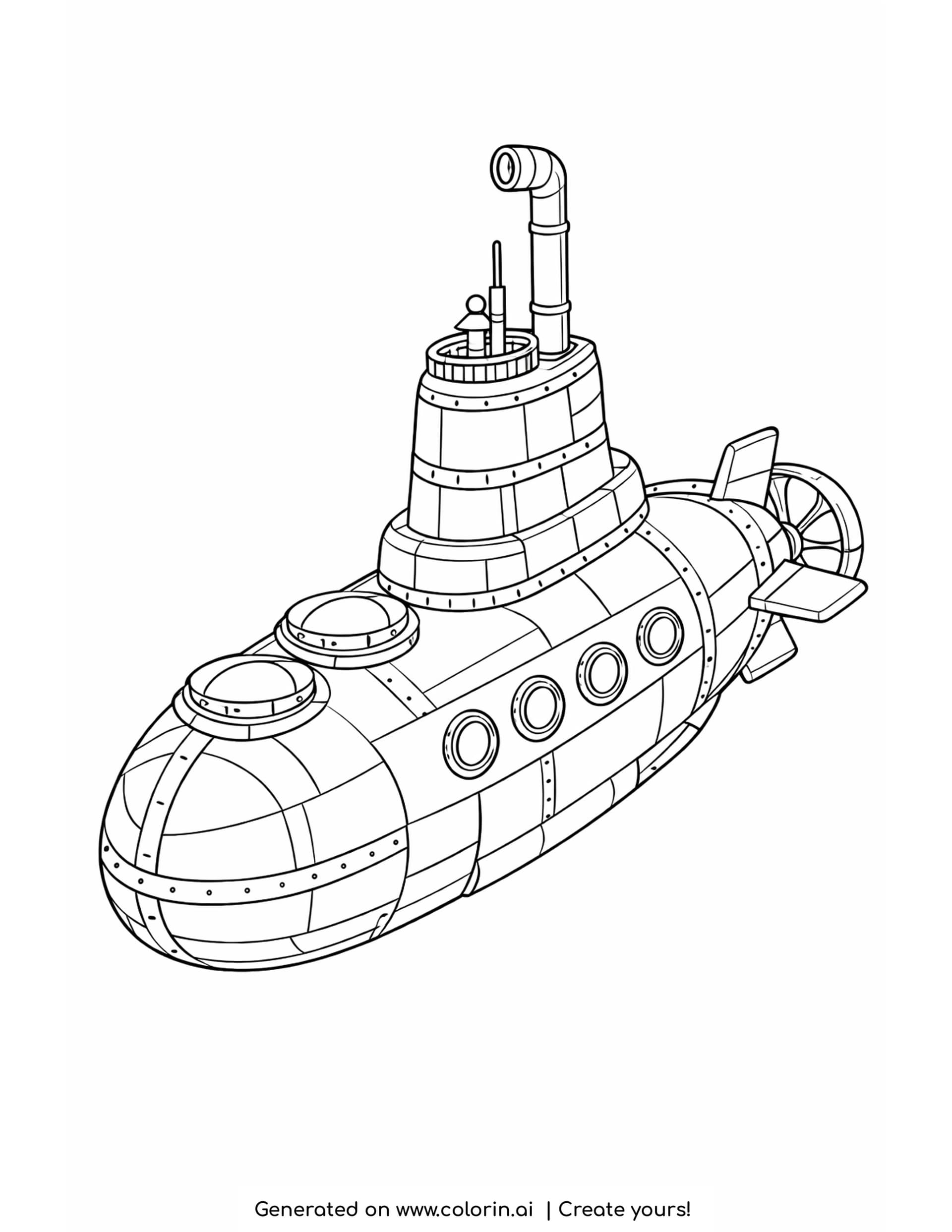 detailed submarine coloring pages — submarine at an angle with a riveted conning tower, four portholes and a propeller in a ring