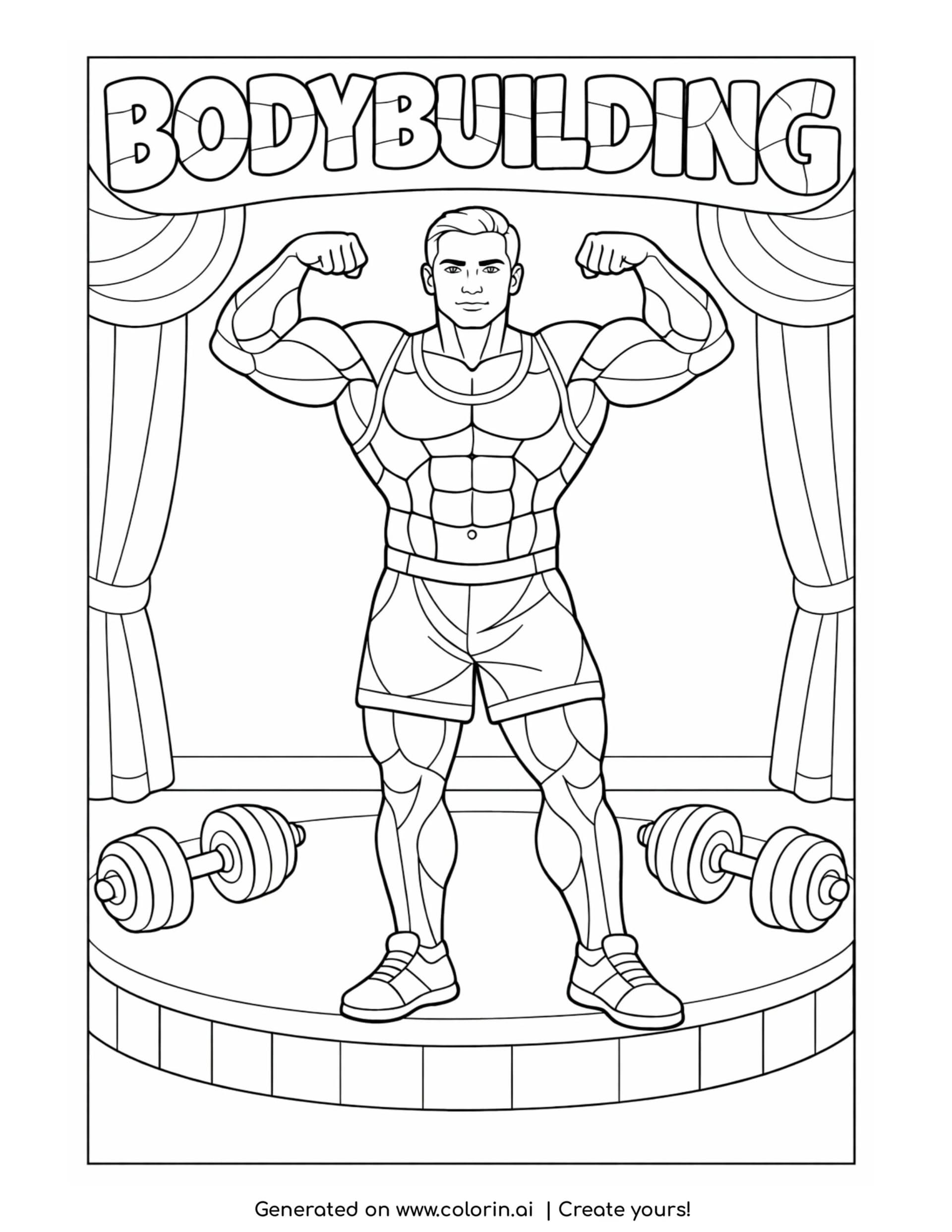 bodybuilder flexing muscles on stage coloring page with weights and strong pose