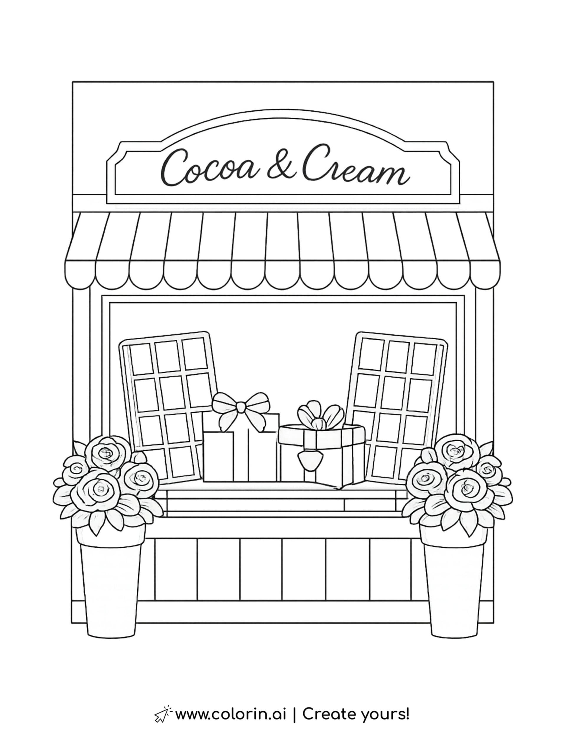 cocoa and cream chocolate shop window coloring page with chocolate bars and gift boxes coloring page