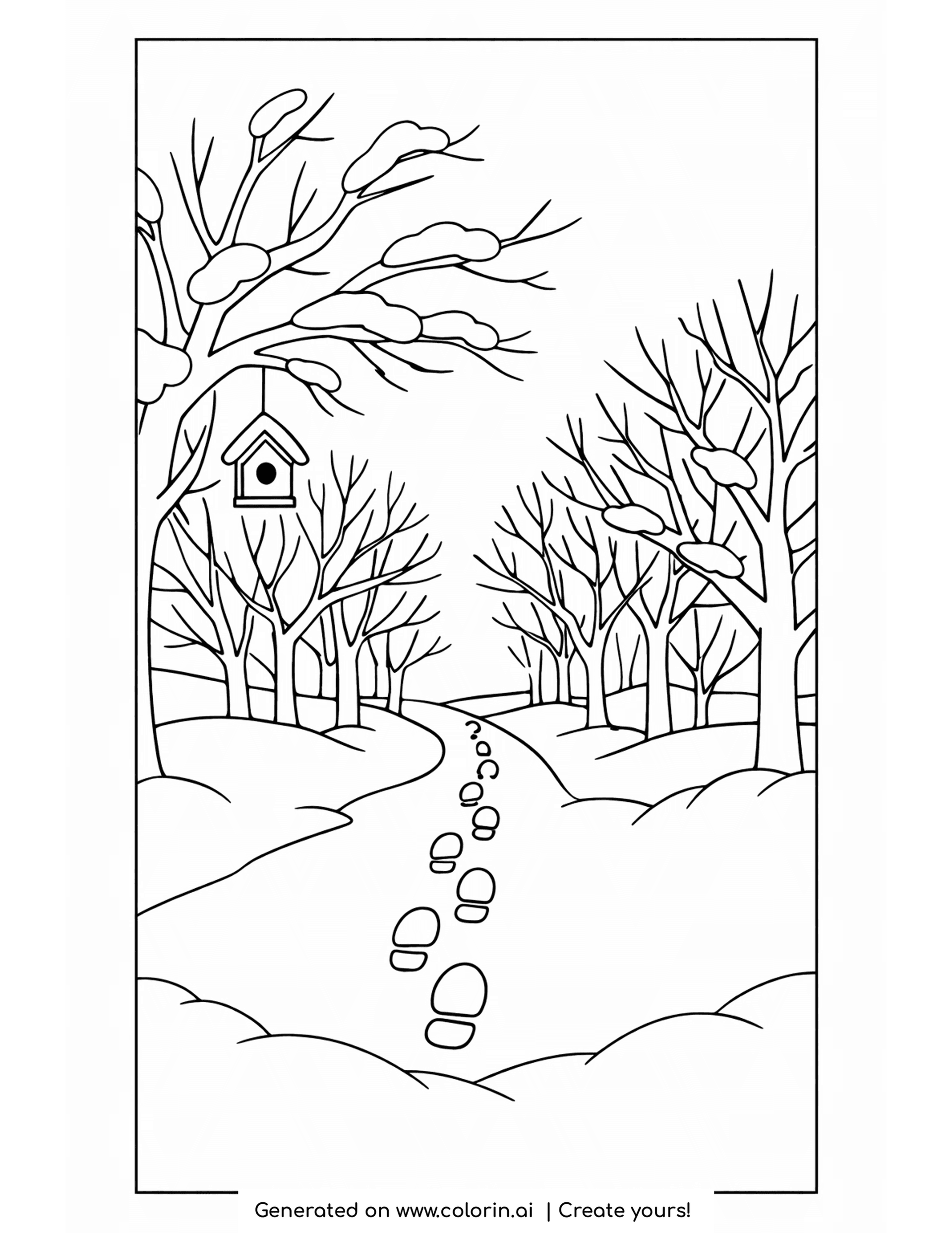 winter wonderland coloring pages, a quiet snowy path winding past bare trees and a birdhouse with footprints in the snow