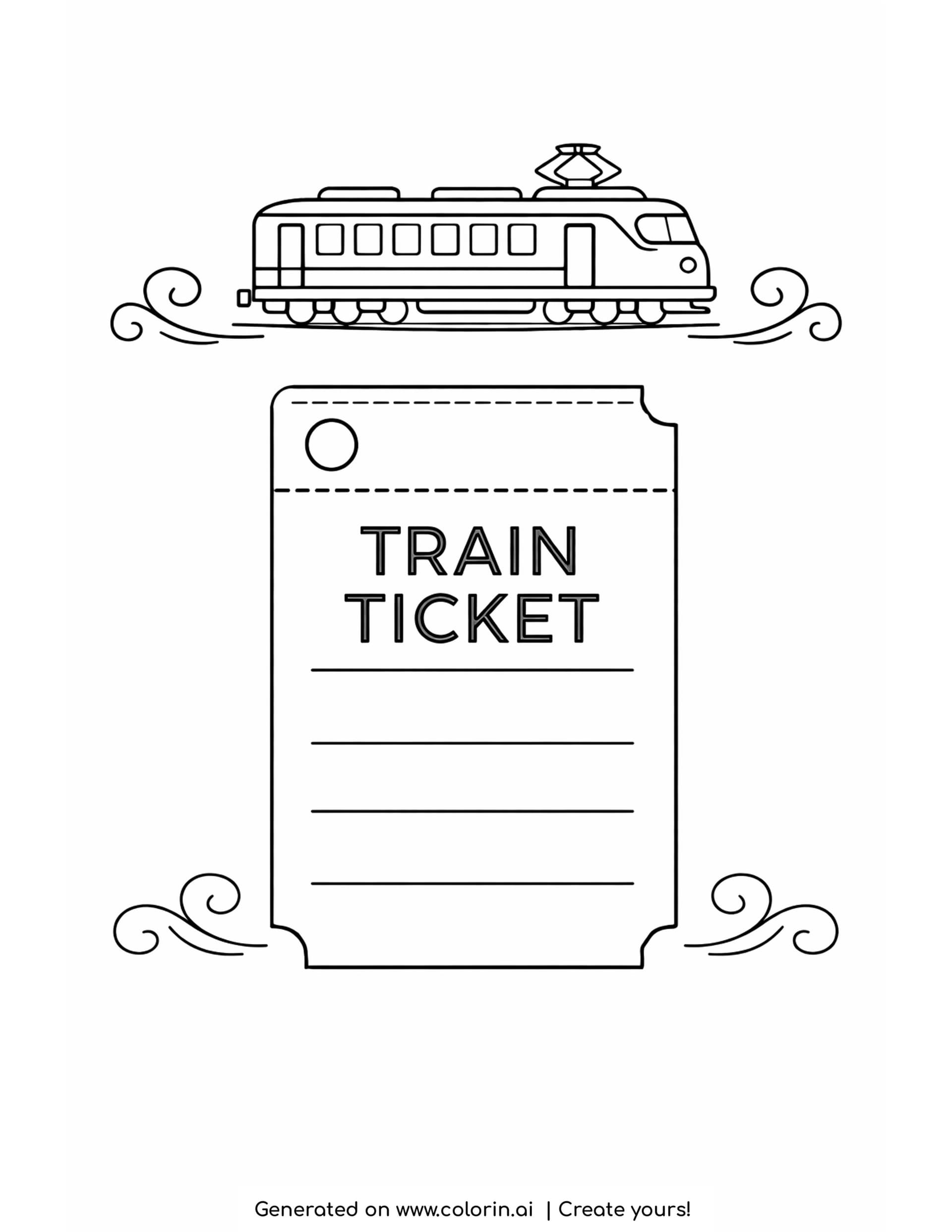 train ticket coloring pages: a large upright train ticket with a punched hole, dashed tear line and four blank ruled lines