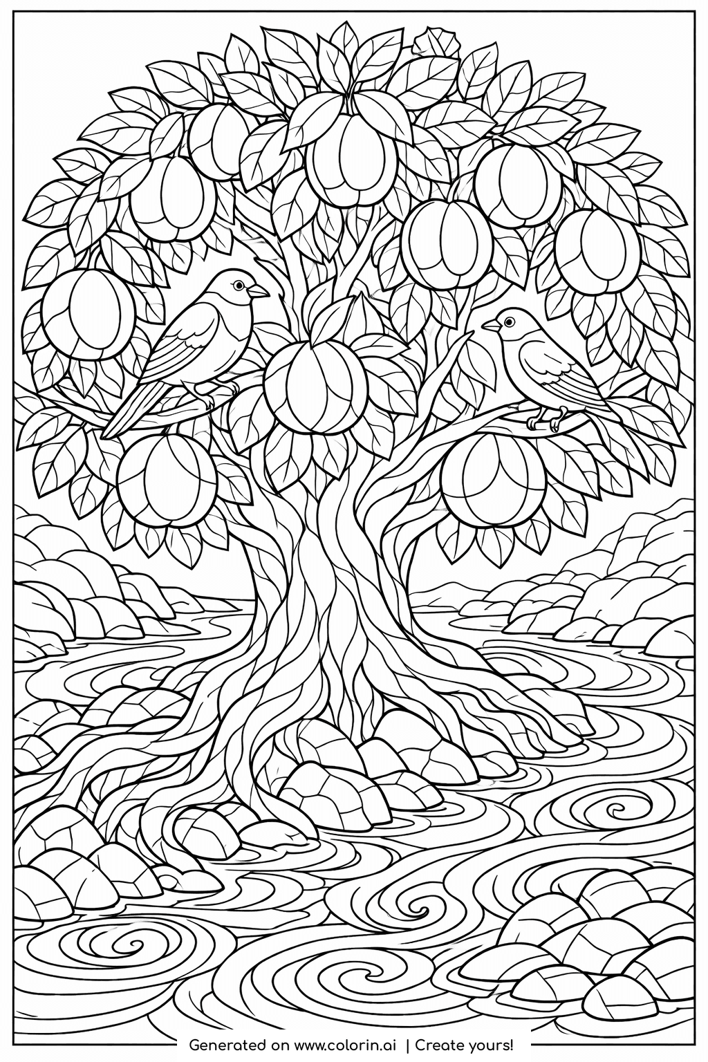 free bible coloring pages for adults, the tree of life with round fruit, two birds, and roots flowing into a river