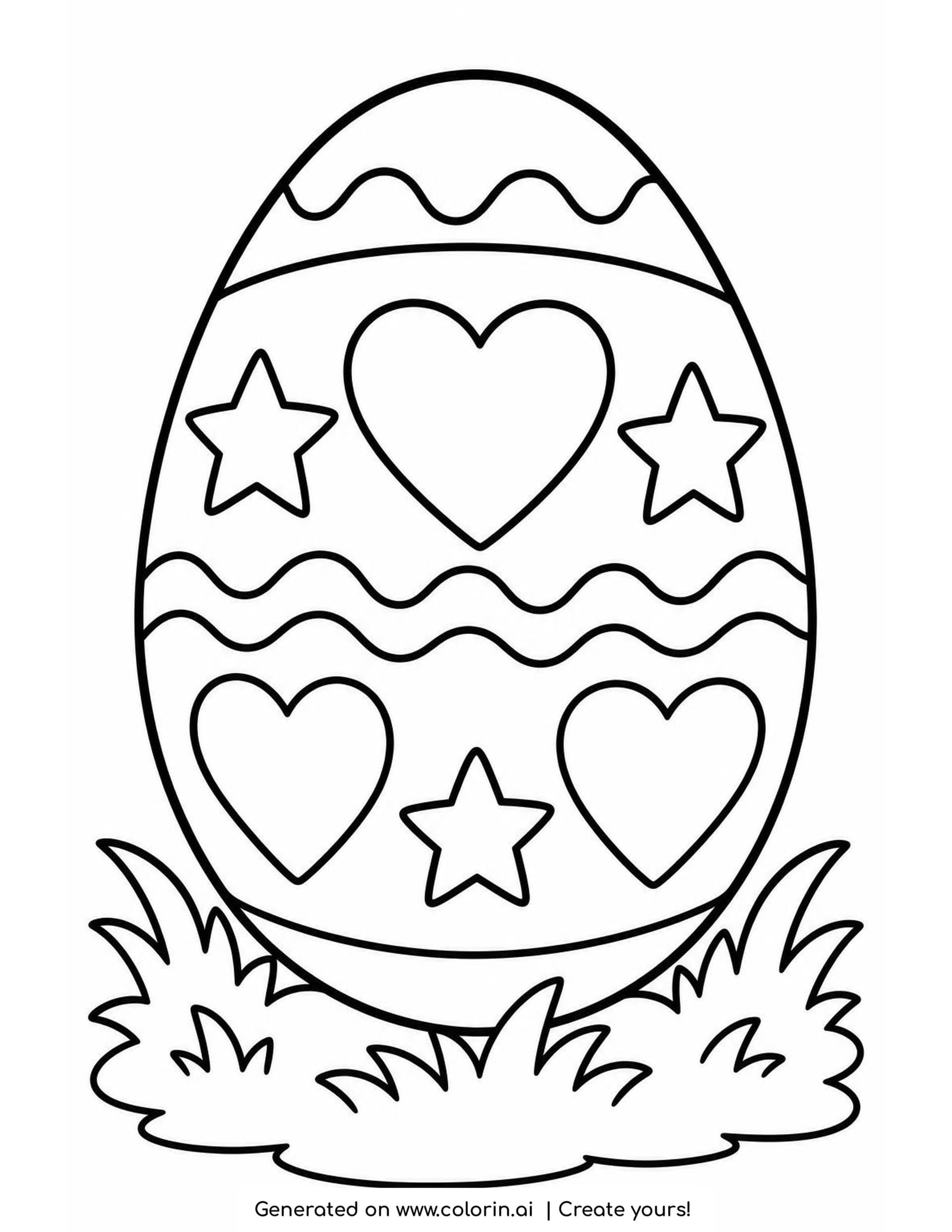 Easy Easter egg coloring page with an egg decorated with big hearts, stars and wavy bands, standing in a tuft of grass