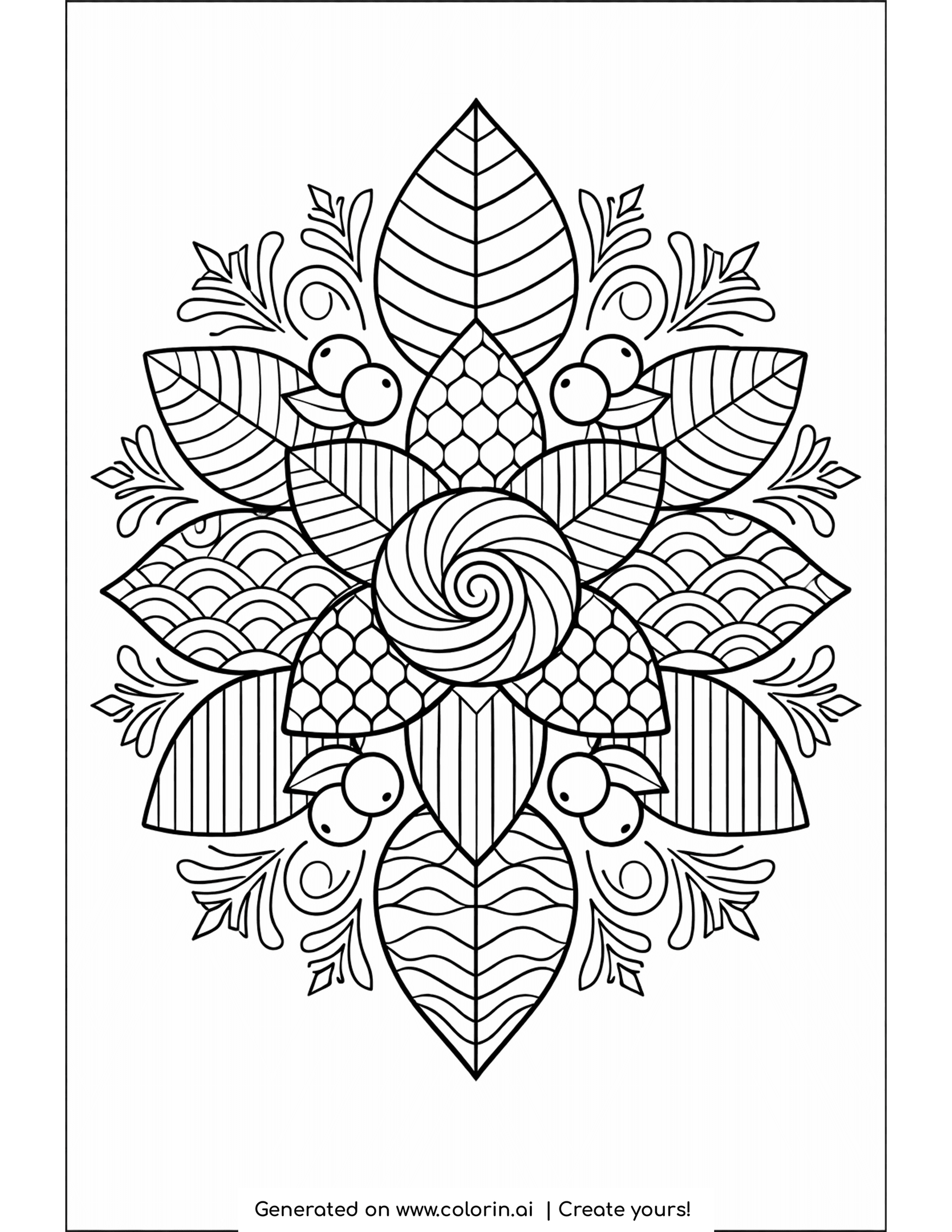 winter coloring pages for adults, a floral mandala of winter leaves, berries and a spiral center