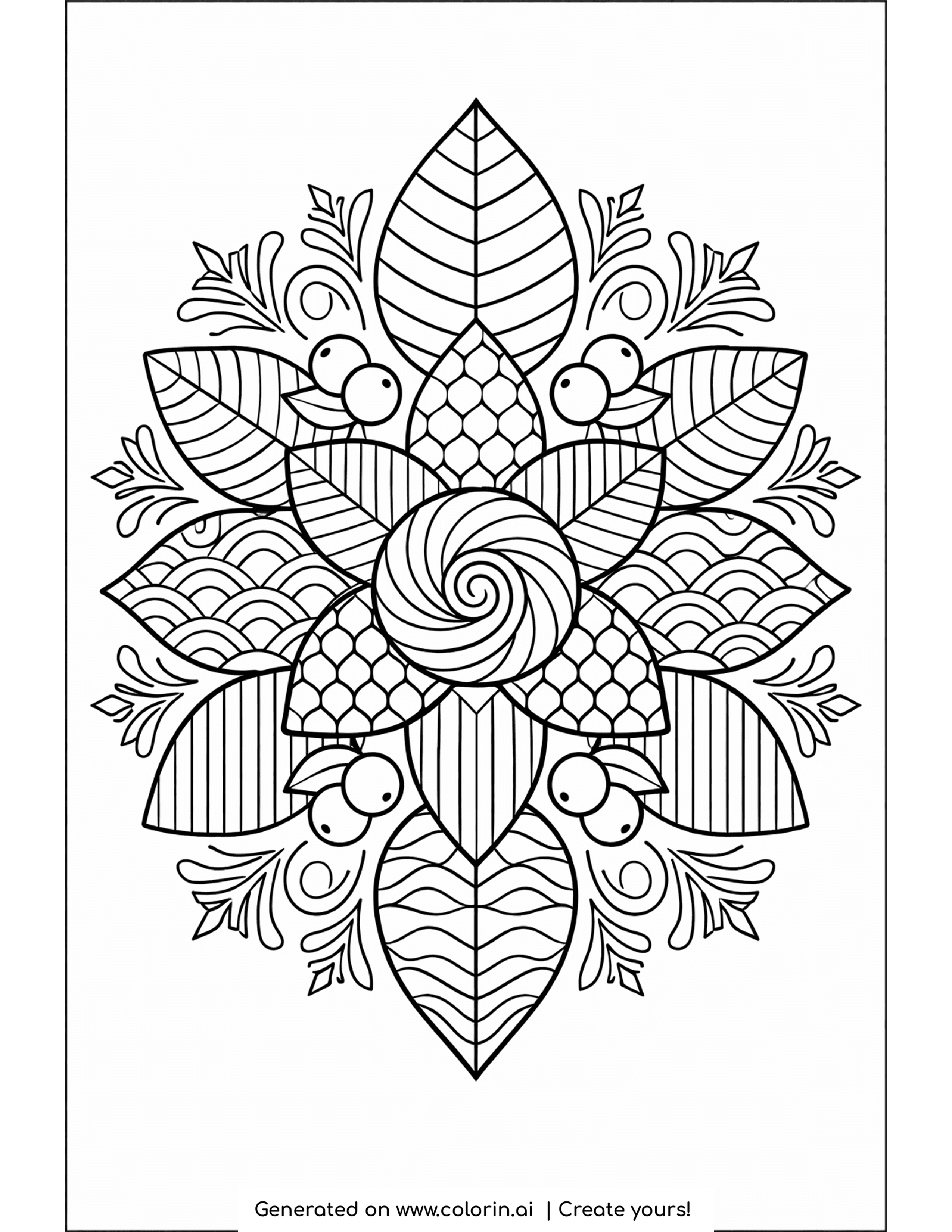 winter coloring pages for adults, a floral mandala of winter leaves, berries and a spiral center