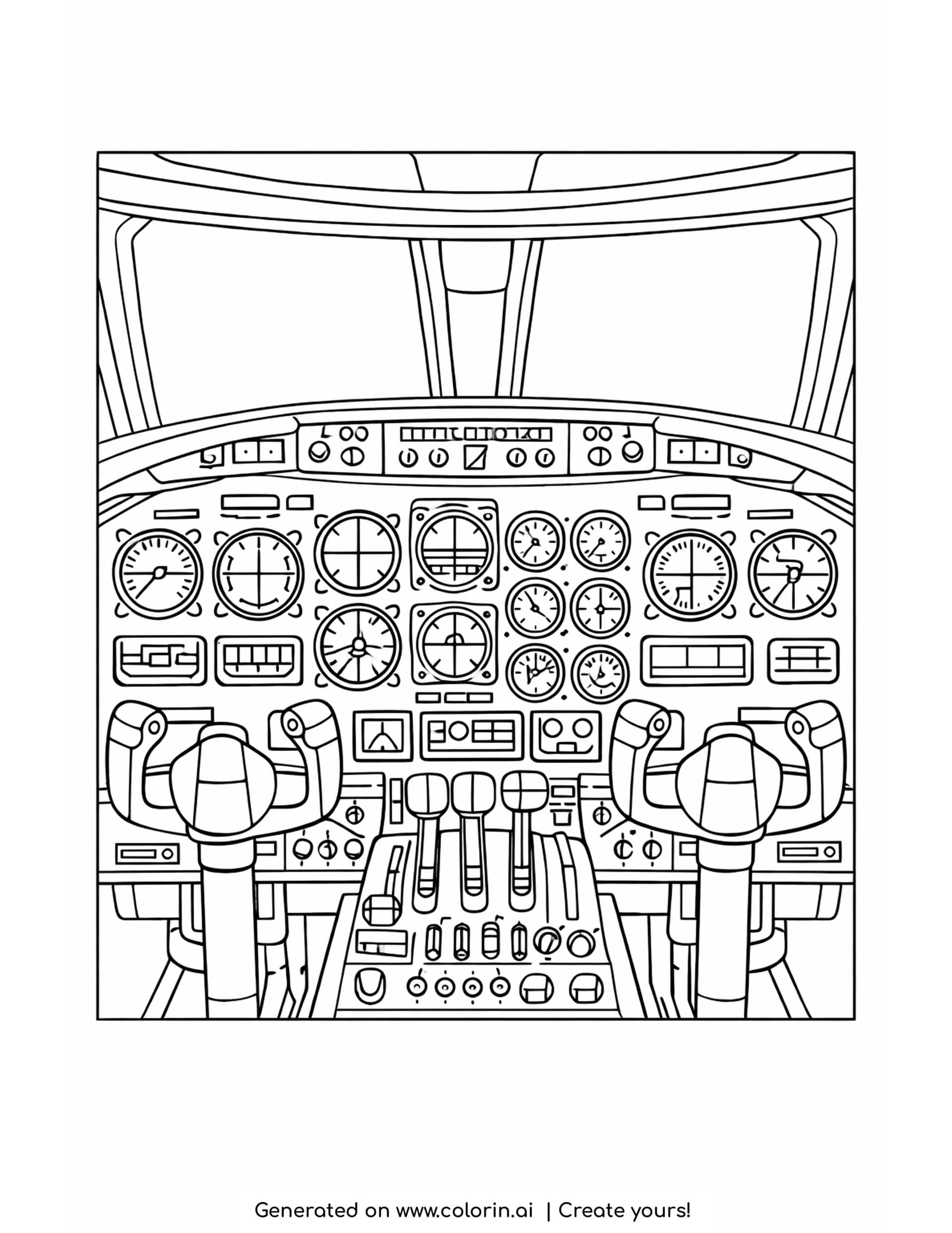 airplane cockpit coloring pages — instrument panel with rows of round dials, two control yokes and throttle levers